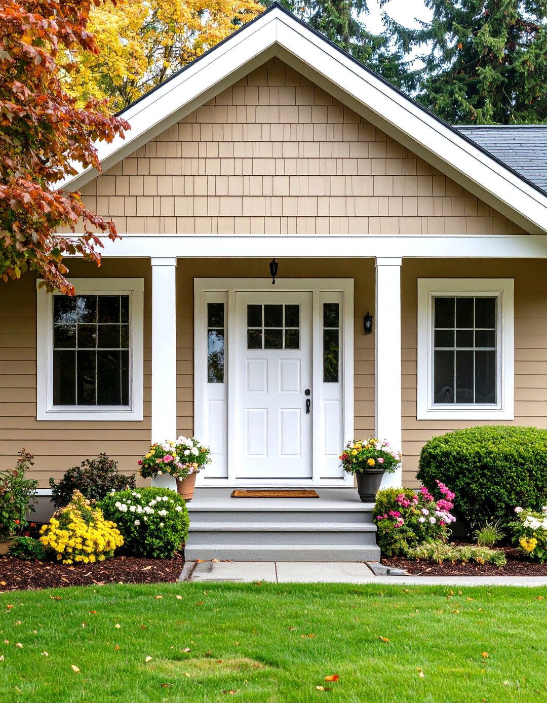 Taupe Siding with Crisp White Trim - 24 Exterior Taupe House Color Combinations