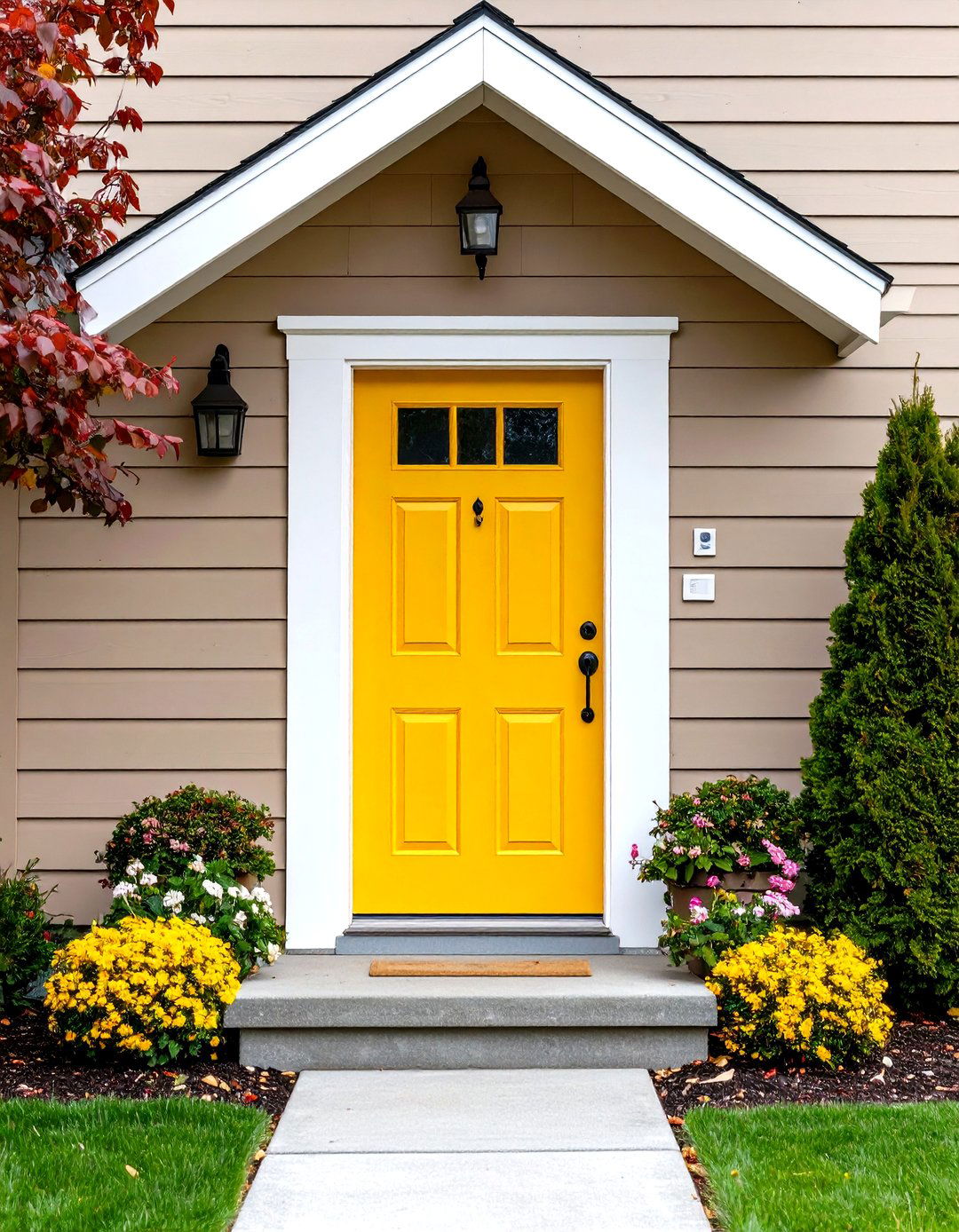 Taupe Siding with Mustard Yellow Door - 24 Exterior Taupe House Color Combinations