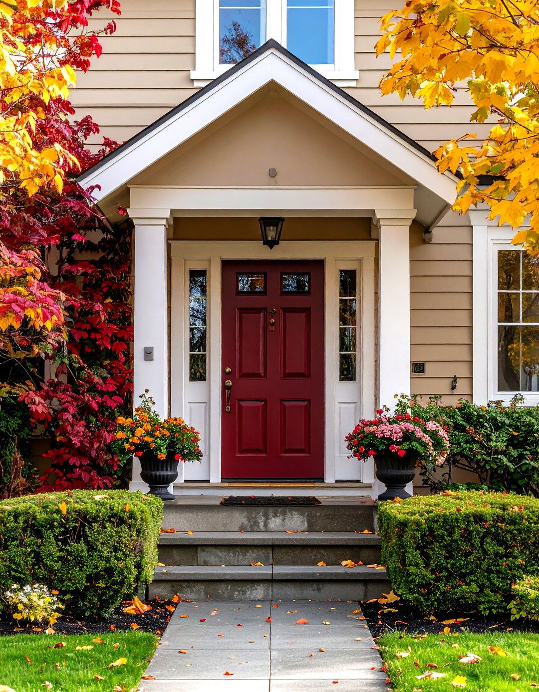 Taupe with Burgundy Front Door - 24 Exterior Taupe House Color Combinations