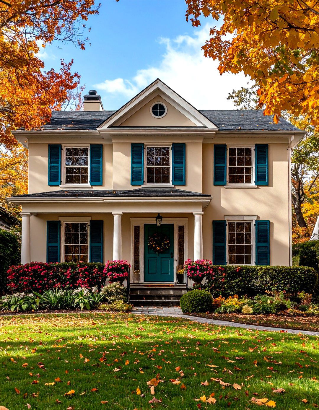Taupe with Deep Teal Shutters - 24 Exterior Taupe House Color Combinations