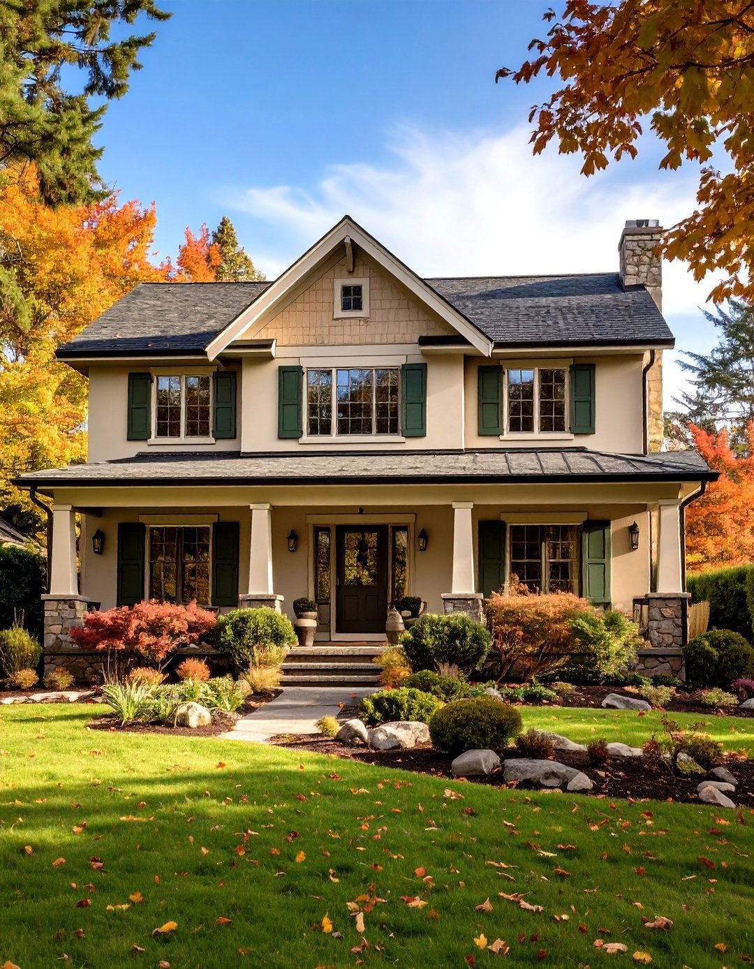 Taupe with Olive Green Shutters - 24 Exterior Taupe House Color Combinations