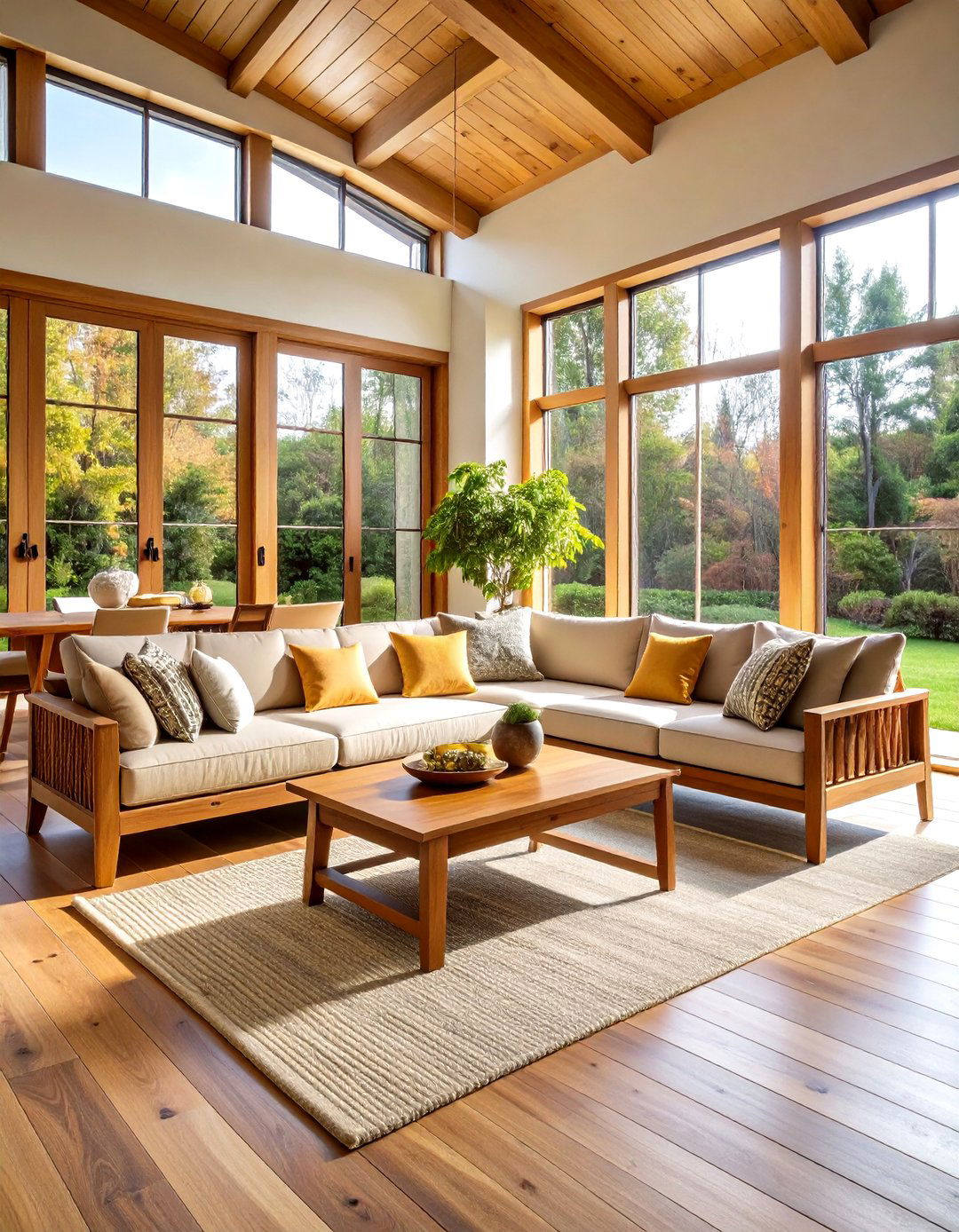 Teak Furniture Sunroom with Floor to Ceiling Windows - 24 Mid-century Modern Sunroom Ideas