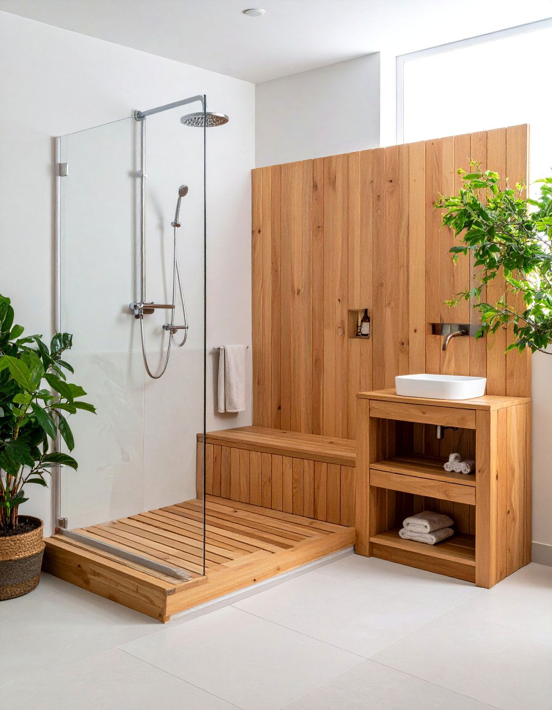 Teak Shower Bench Shelves - 24 Bathroom Shelf Ideas