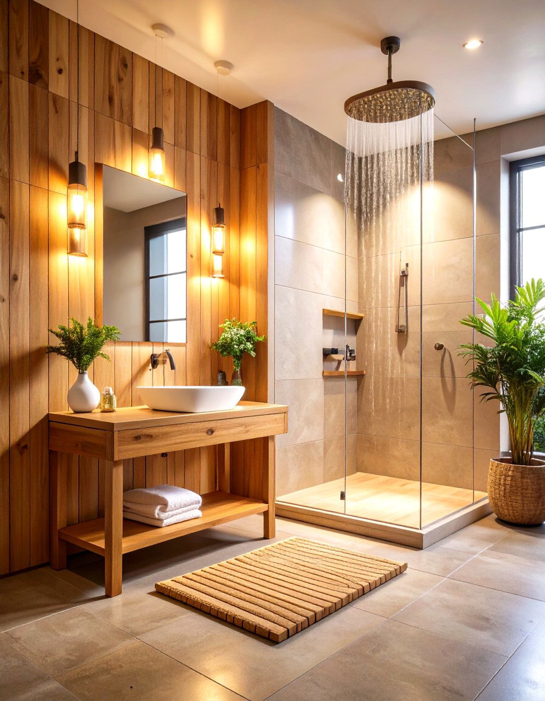 Teak Shower Bench with Storage Shelf - 24 Bathroom Furniture Ideas