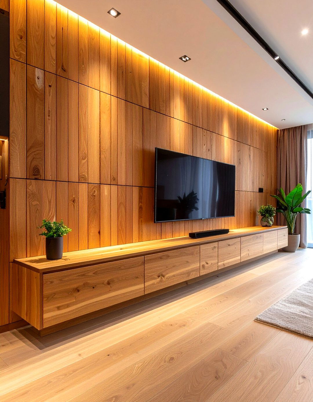 Teak Slat Wall with Integrated Digital Display Mount - 24 Wood Slat Accent Wall Ideas