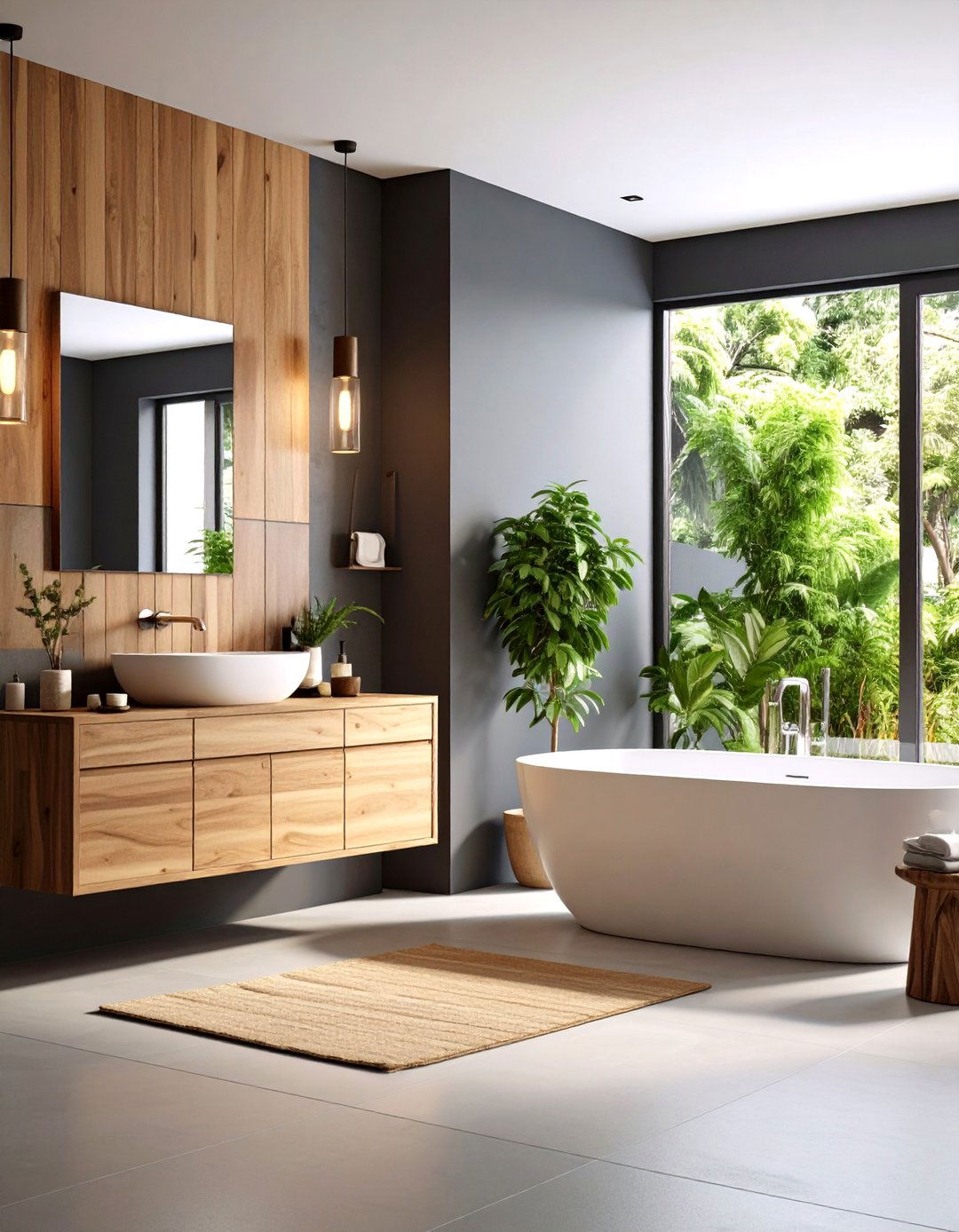 Teak Wood Accents with Charcoal Feature Wall - 24 Black and Wood Bathroom Ideas