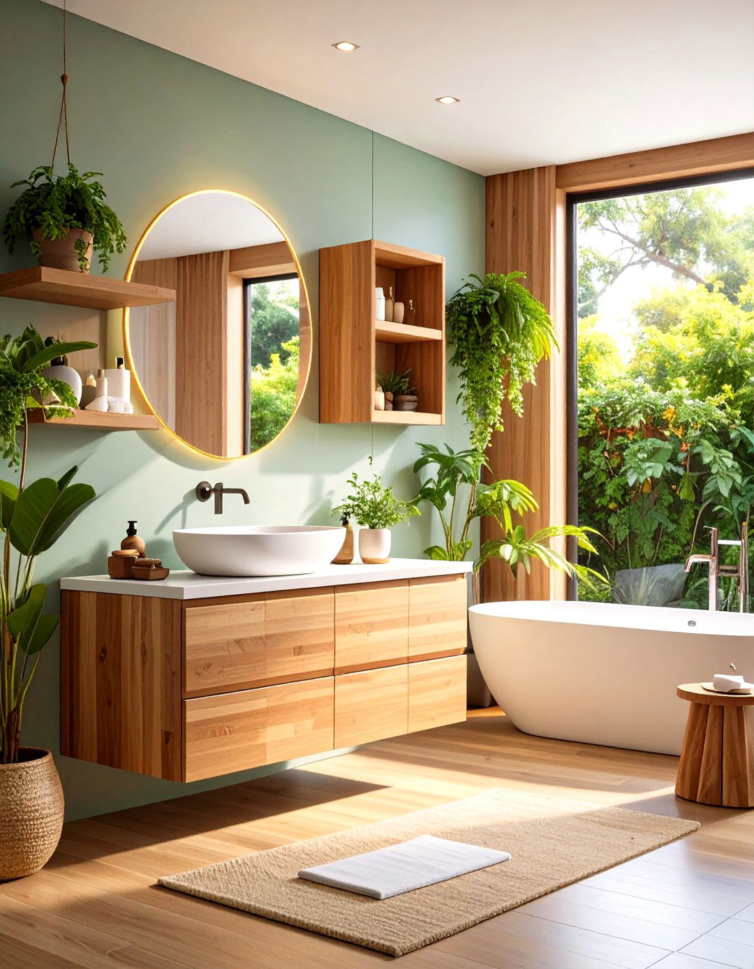 Teak Wood Floating Vanity with Spa Inspired Design Elements - 24 Floating Vanity Bathroom Ideas