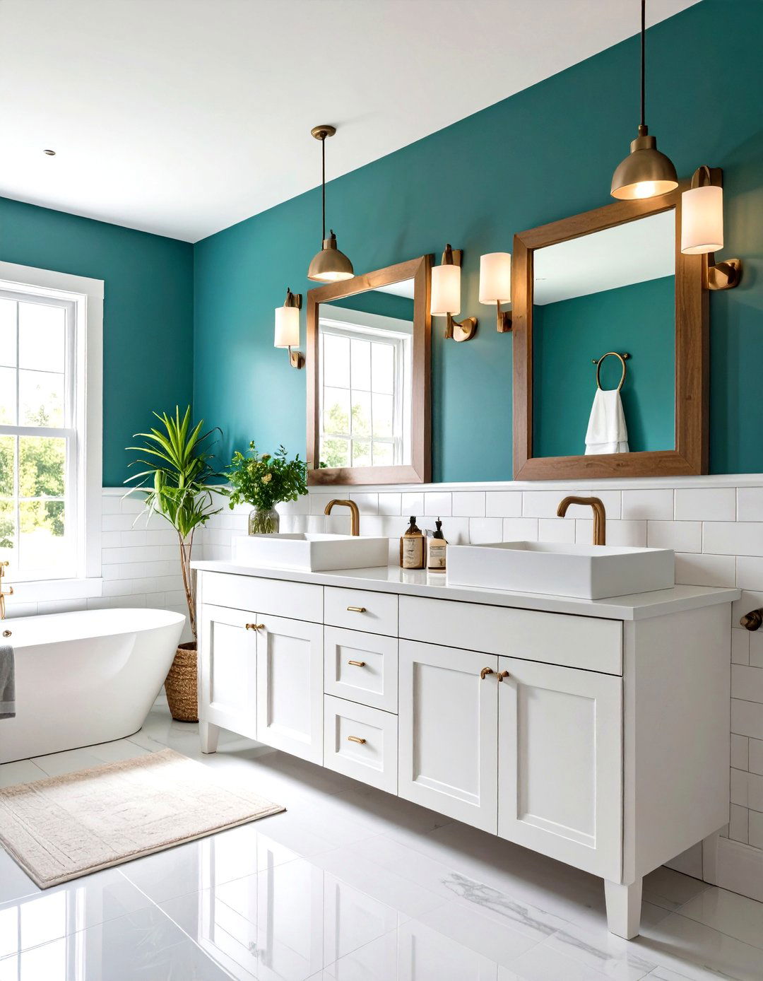 Teal Accent Wall with White Fixtures - 24 Teal Bathroom Ideas