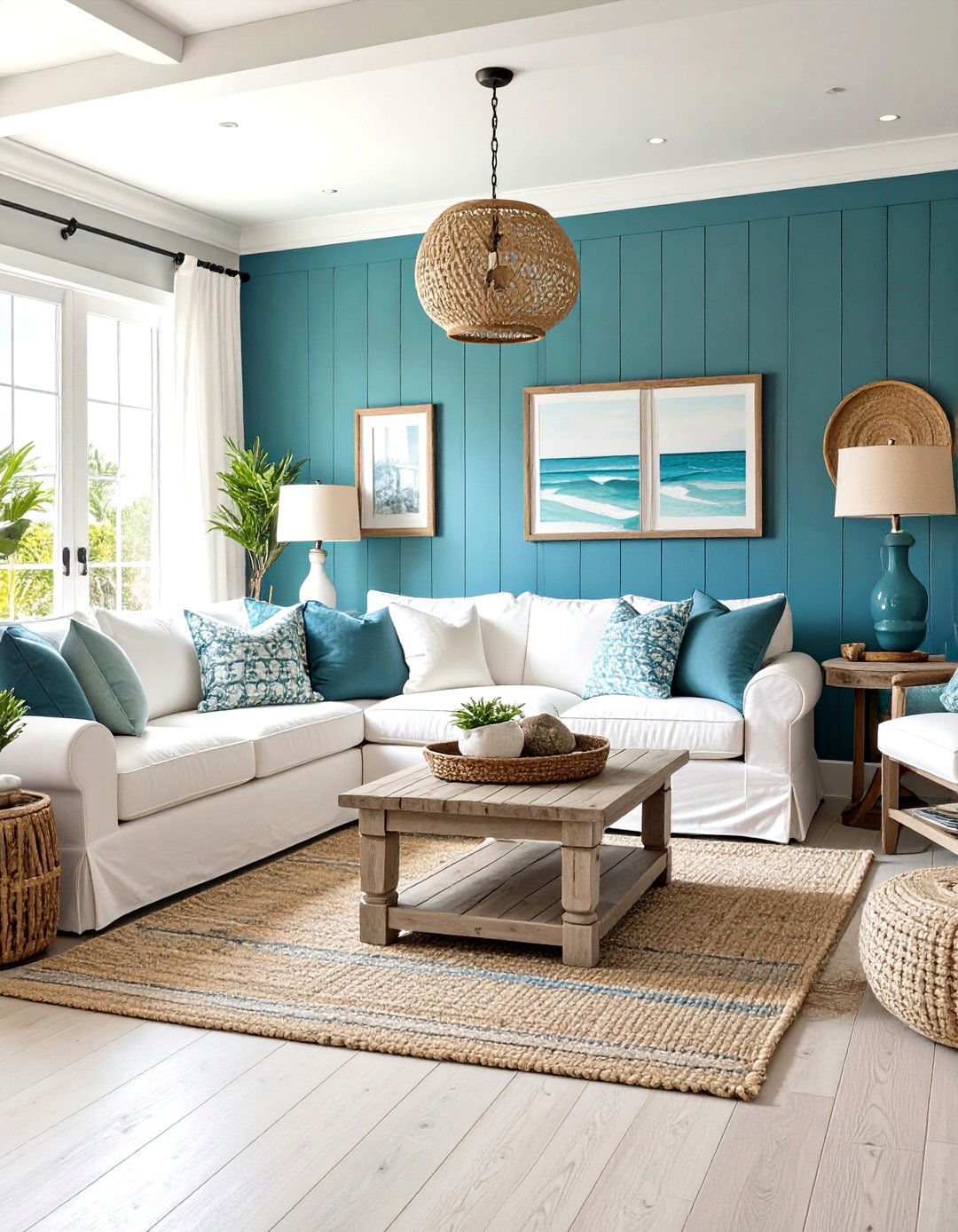 Teal Blue Coastal Living Room with Natural Textures - 24 Ways to Decorate With Jewel Tones