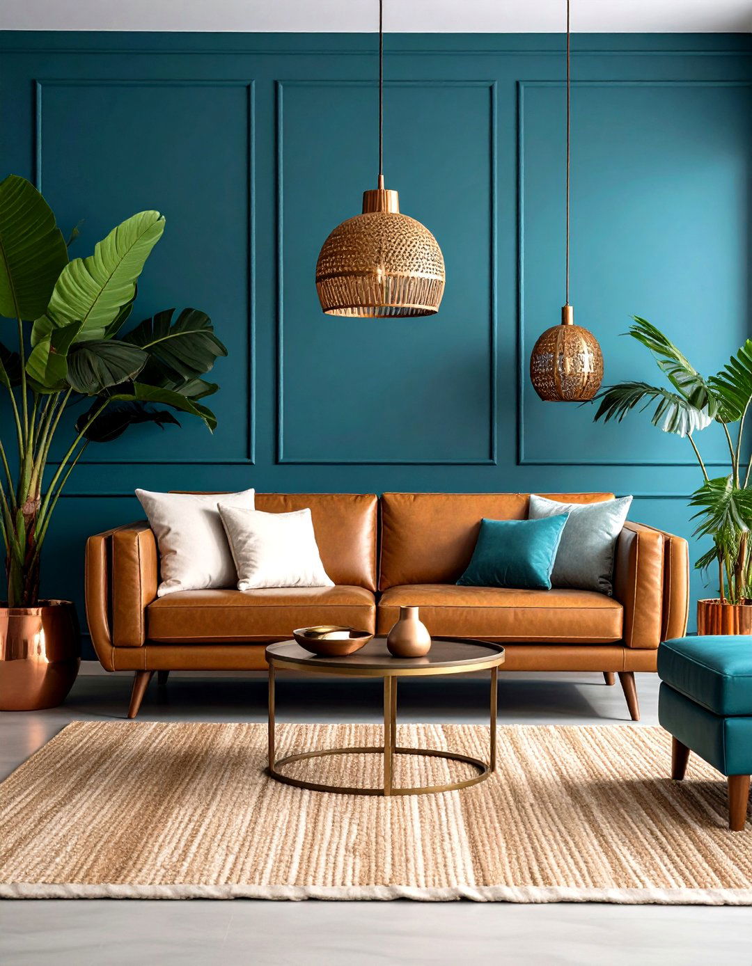 Teal Blue Living Room with Copper Metallic Details - 24 Moody Living Room Ideas