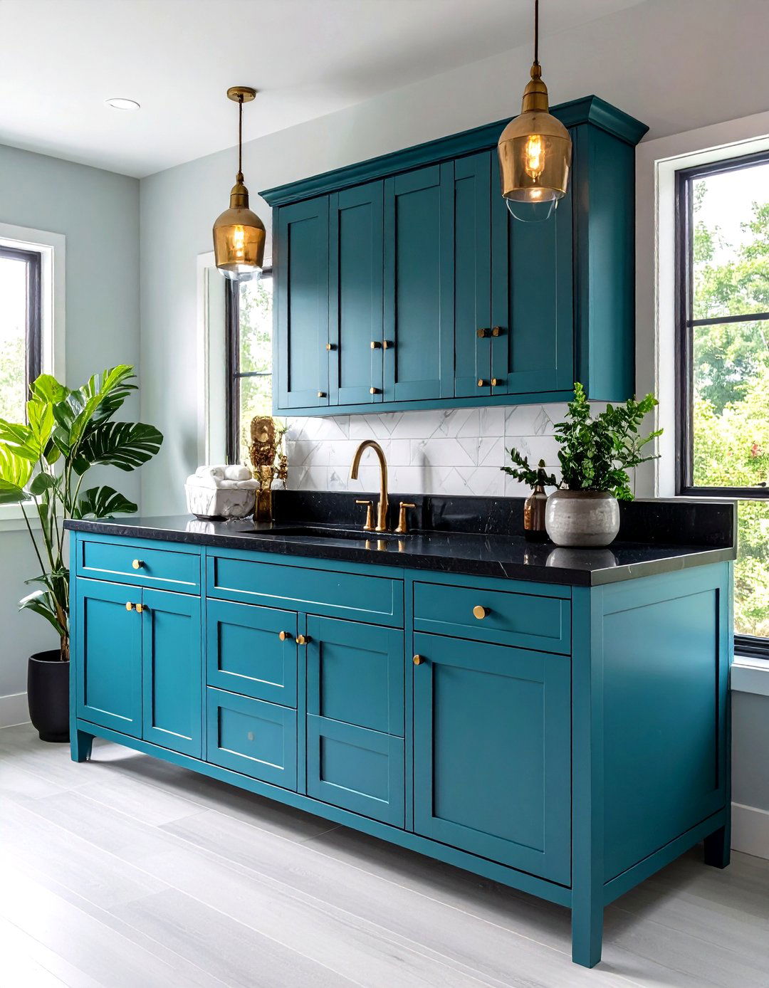 Teal Blue Vanity with Black Countertops - 24 black and blue bathroom ideas