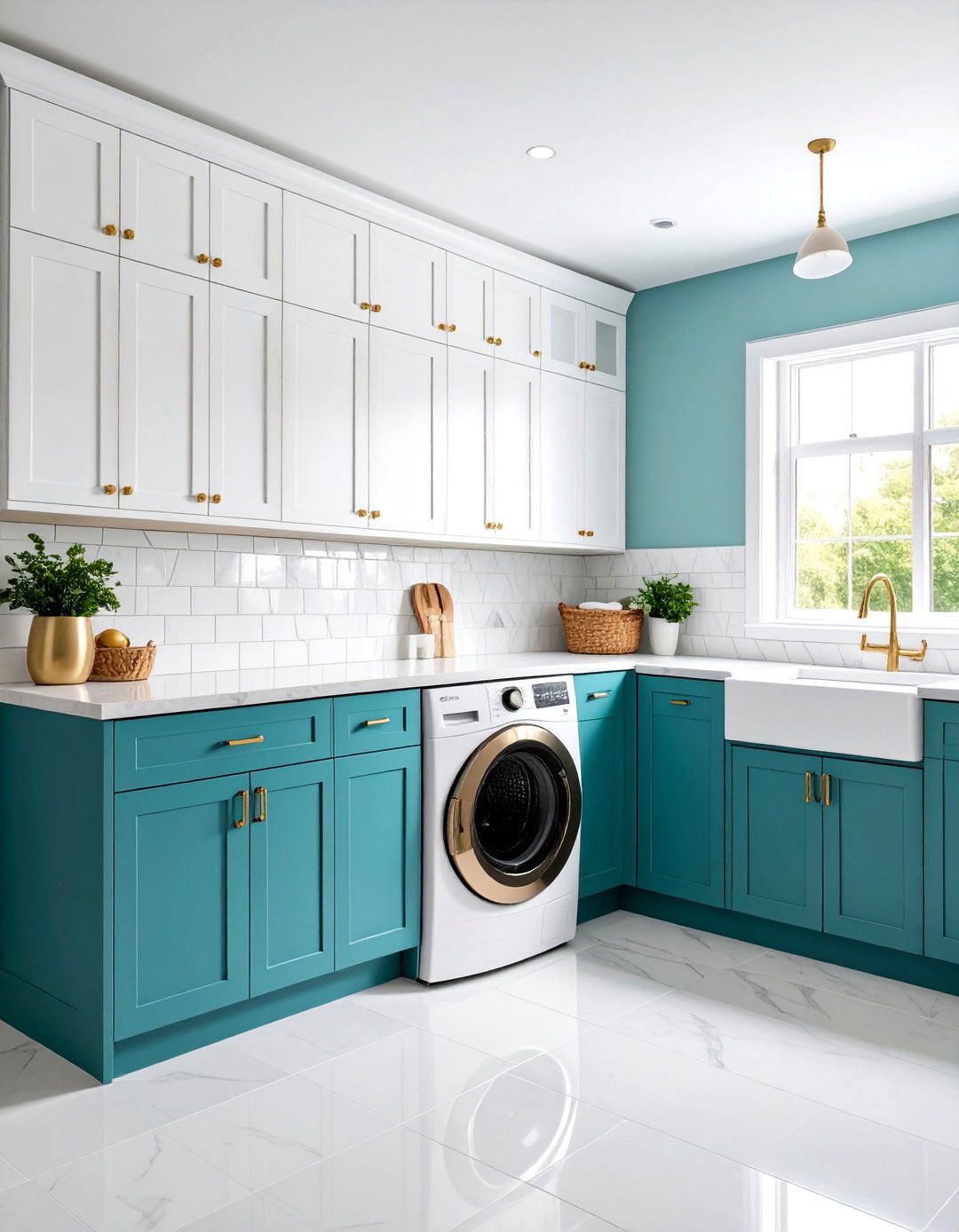 Teal Cabinet Base with White Uppers - 24 Blue Laundry Room Ideas