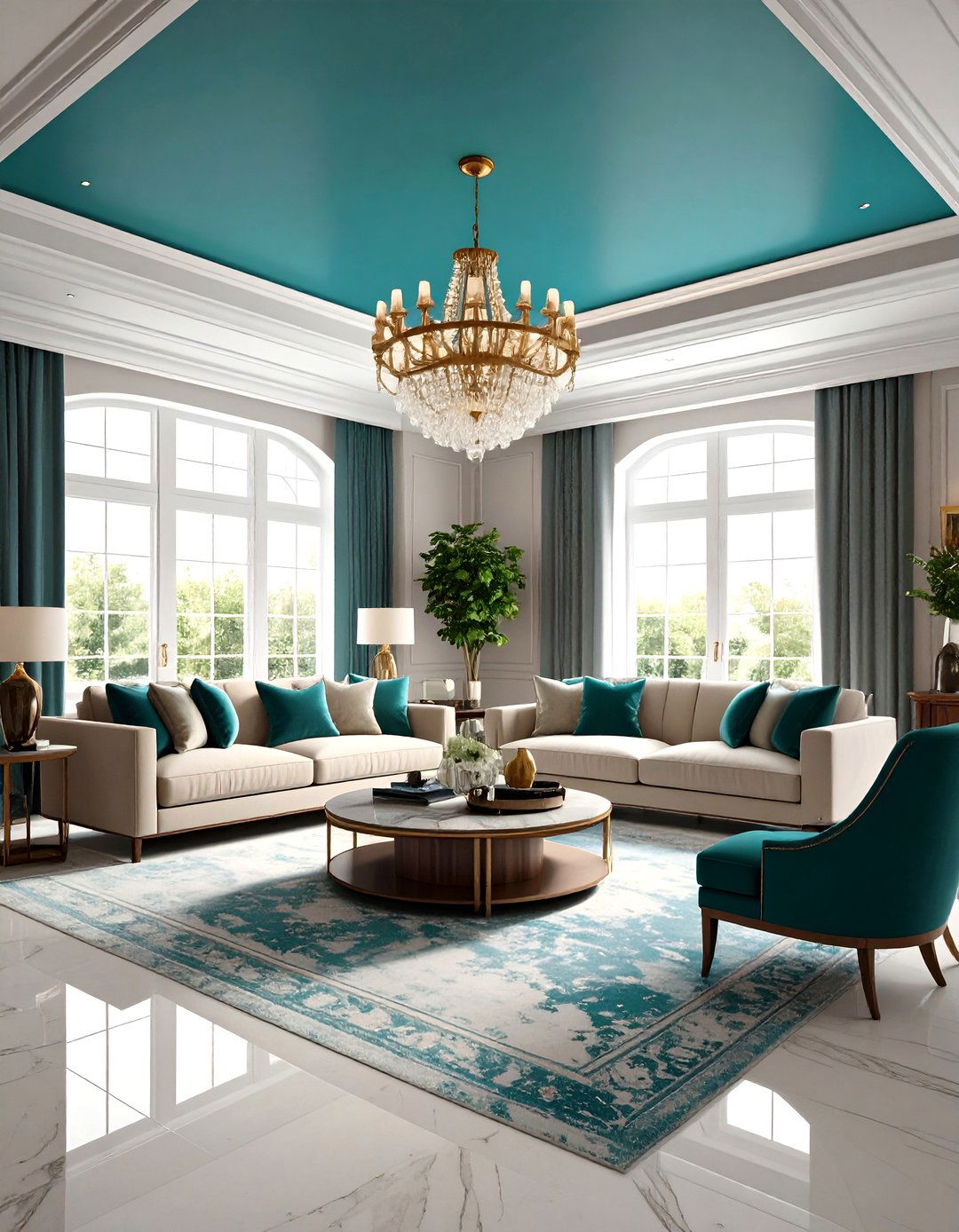Teal Feature Ceiling Design - 24 Teal Living Room Ideas