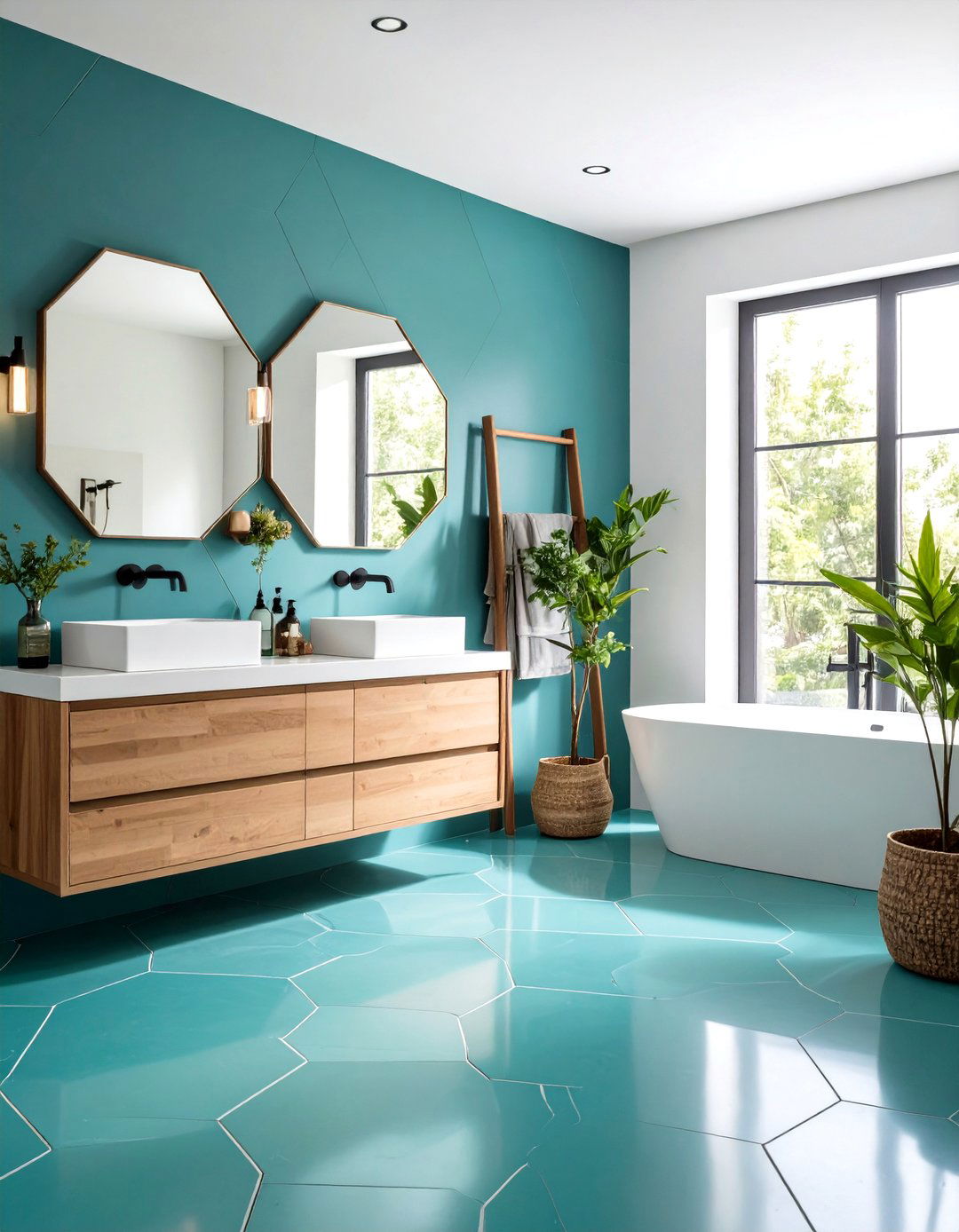Teal Geometric Floor Tiles - 24 Teal Bathroom Ideas