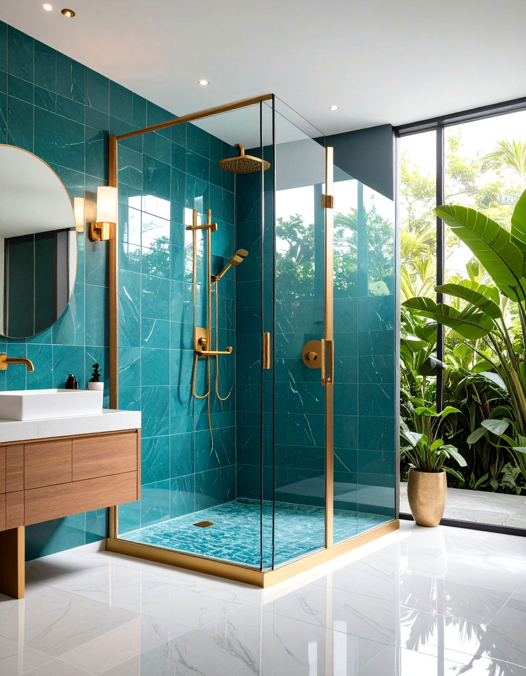 Teal Glass Tile Shower Oasis - 24 Blue and Gold Bathroom Ideas
