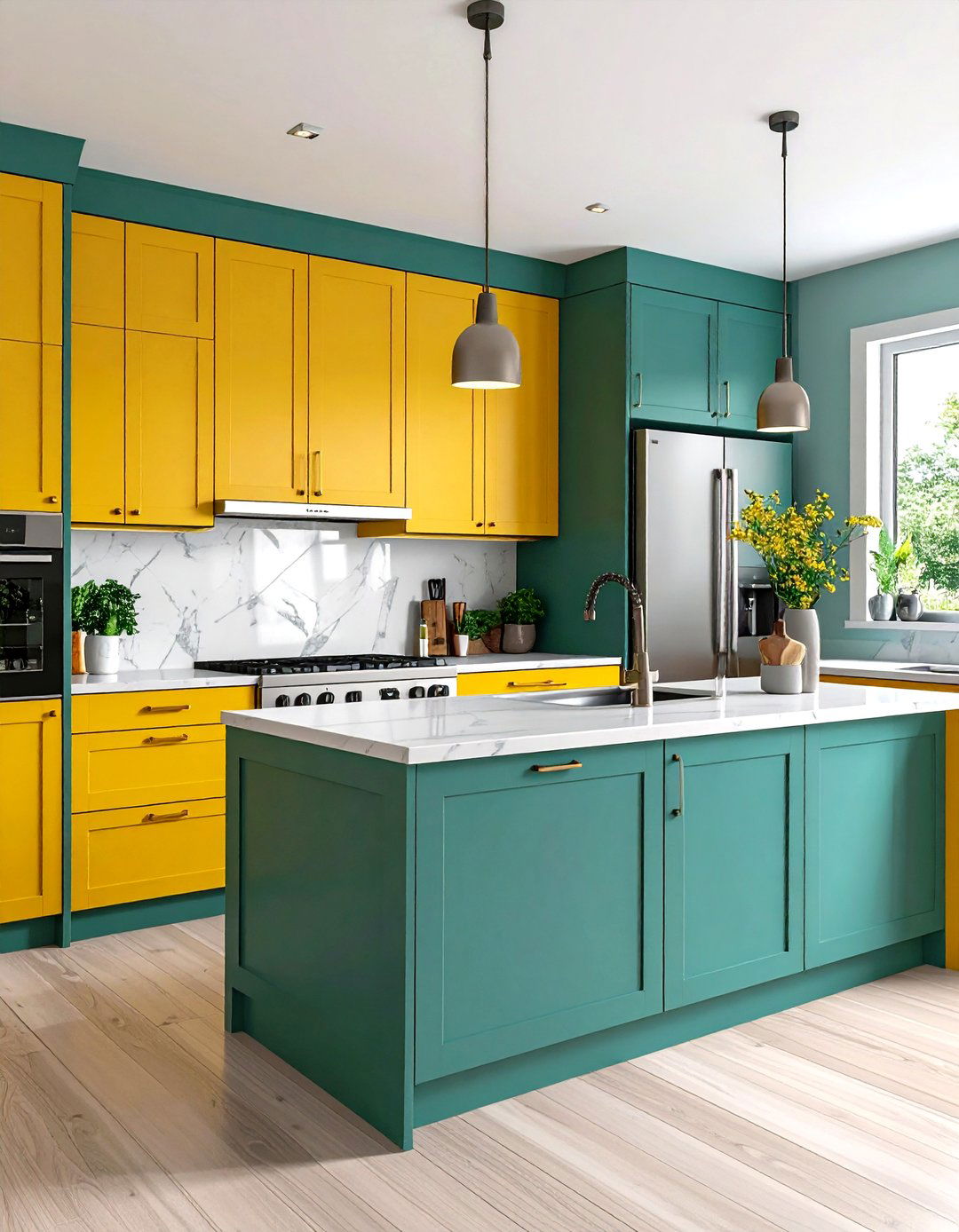 Teal Green Base Cabinets with Lemon Yellow Uppers - 24 Green and Yellow Kitchen Ideas