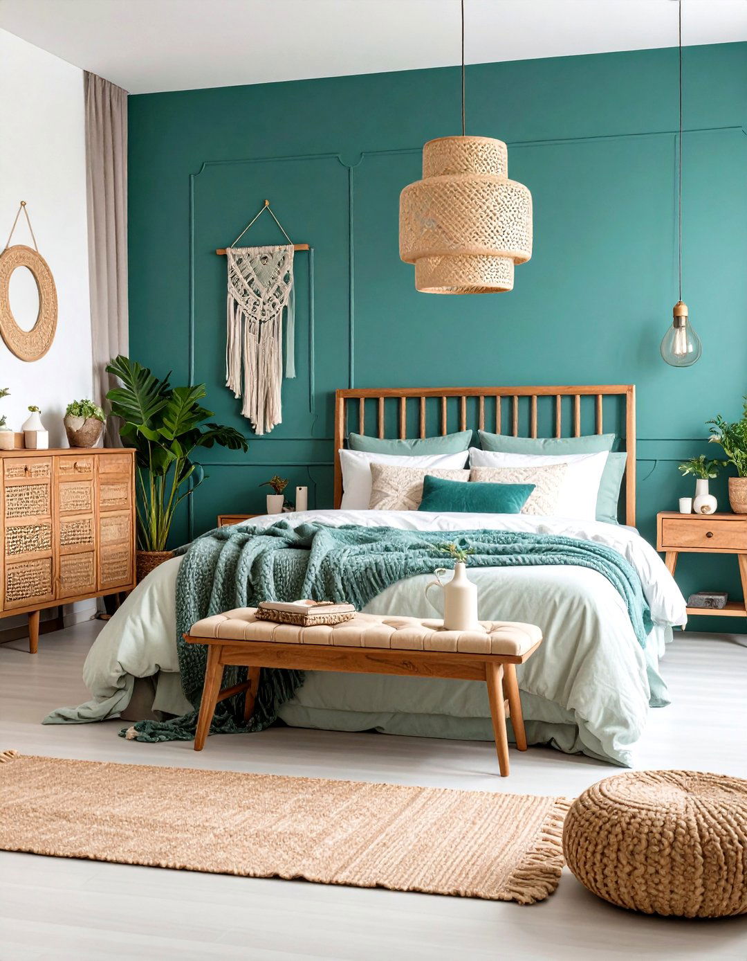 Teal Green Bohemian Bedroom with Textured Panelling - 24 Green Panelling Bedroom Ideas