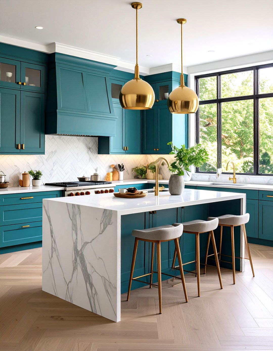Teal Green Contemporary Kitchen with Waterfall Island - 24 Green Kitchen Cabinet Ideas