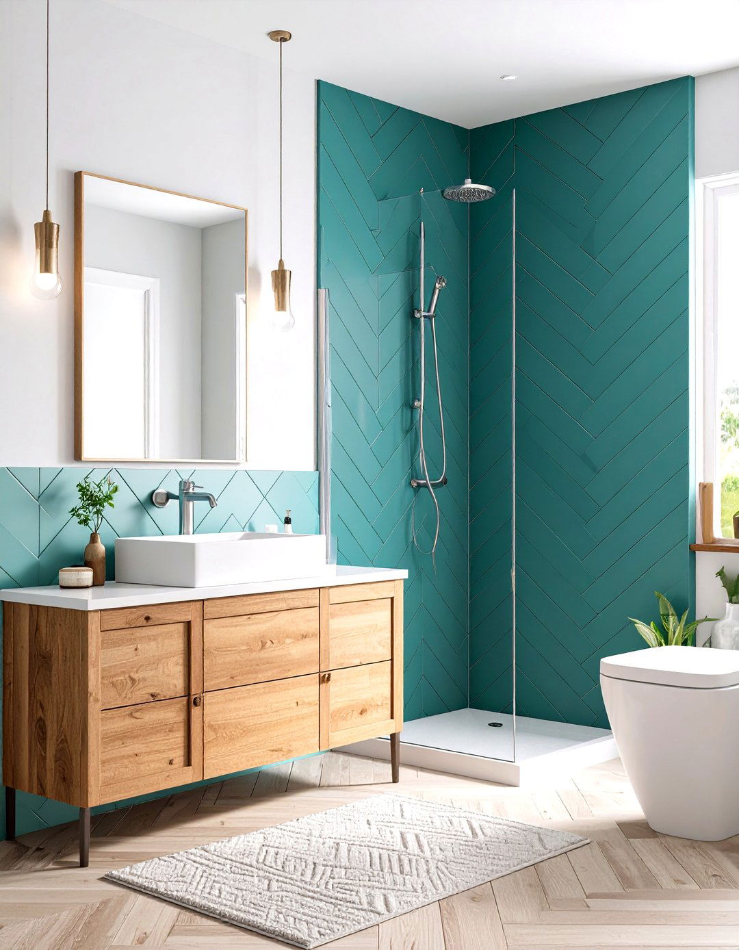 Teal Green Geometric Tiles - 24 Small Green Bathroom Ideas