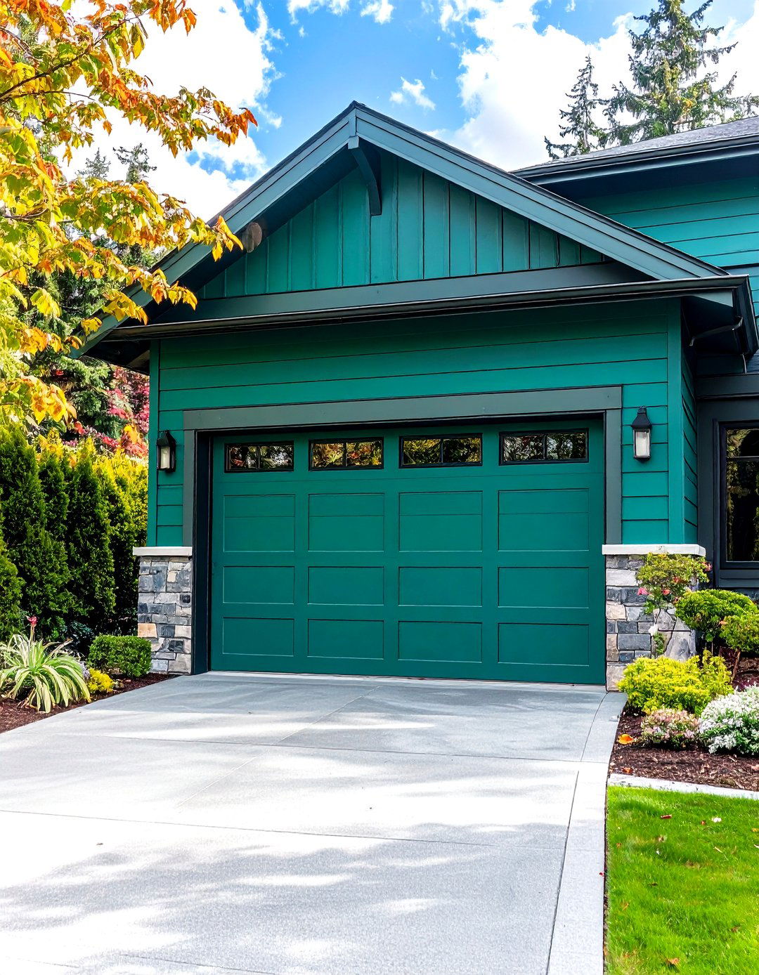Teal Green Steel Door with Contemporary Horizontal Lines - 24 Green Garage Door Ideas