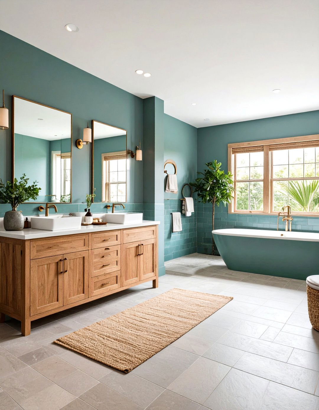 Teal Green Subway Tiles with Warm Grey Stone - 24 Green and Grey Bathroom Ideas