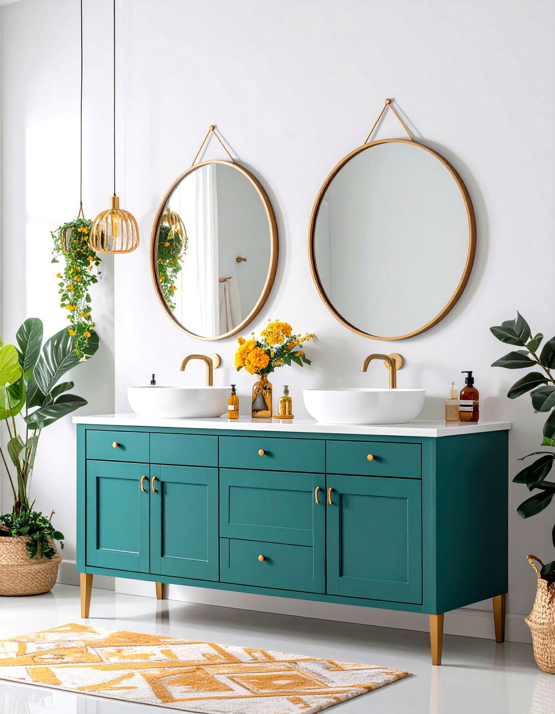 Teal Green Vanity with Marigold Yellow Wall Art - 24 Yellow and Green Bathroom Ideas