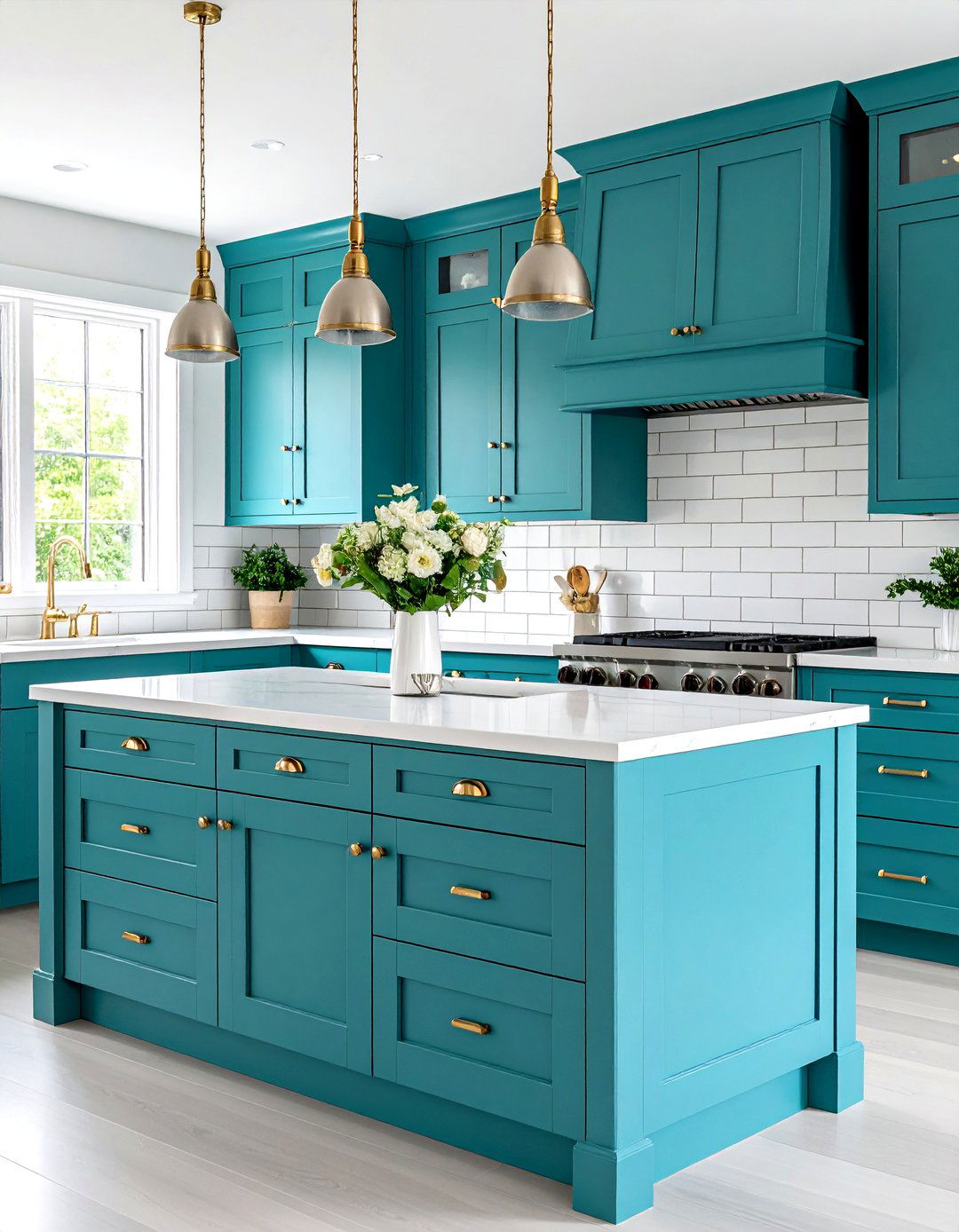 Teal Kitchen Cabinets with White Subway Tile - 24 Blue and White Kitchen Ideas