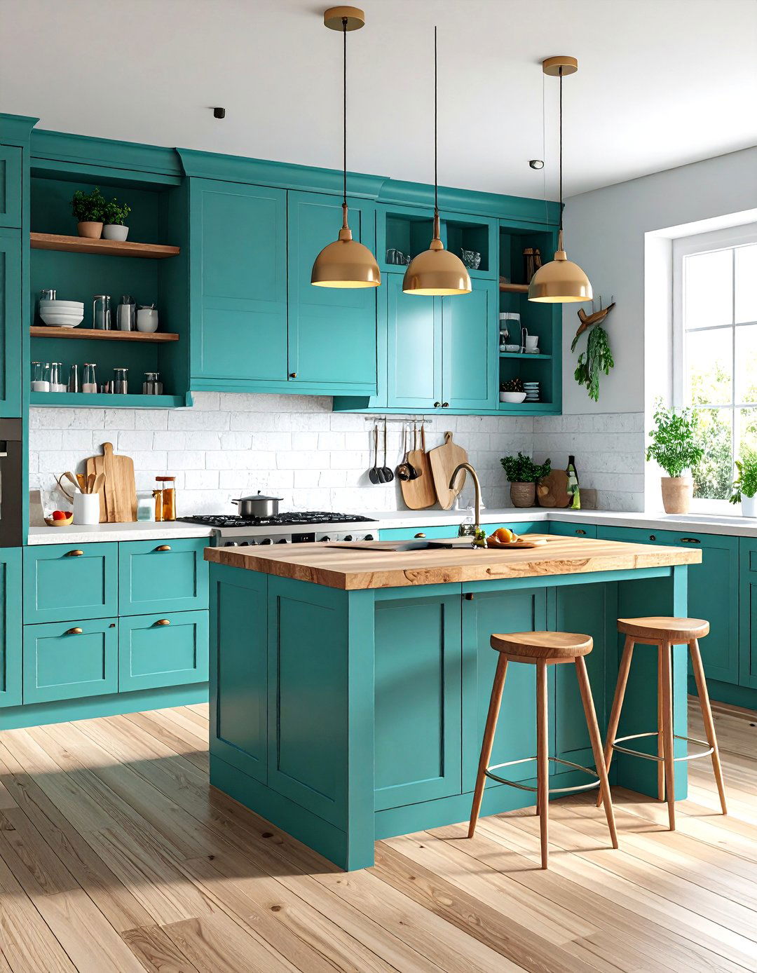 Teal Kitchen Island with Open Shelving Display - 24 Blue Kitchen Island Ideas