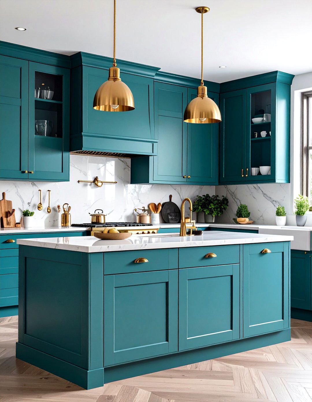 Teal Kitchen with Brass Hardware Accents - 24 Teal Kitchen Ideas