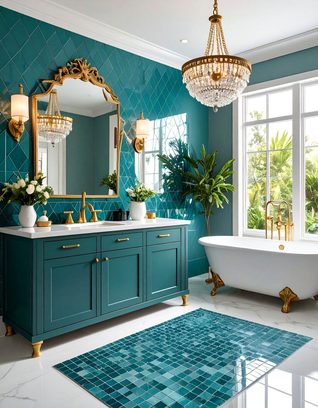 Teal Mosaic Backsplash with White Vanity - 24 blue powder room ideas