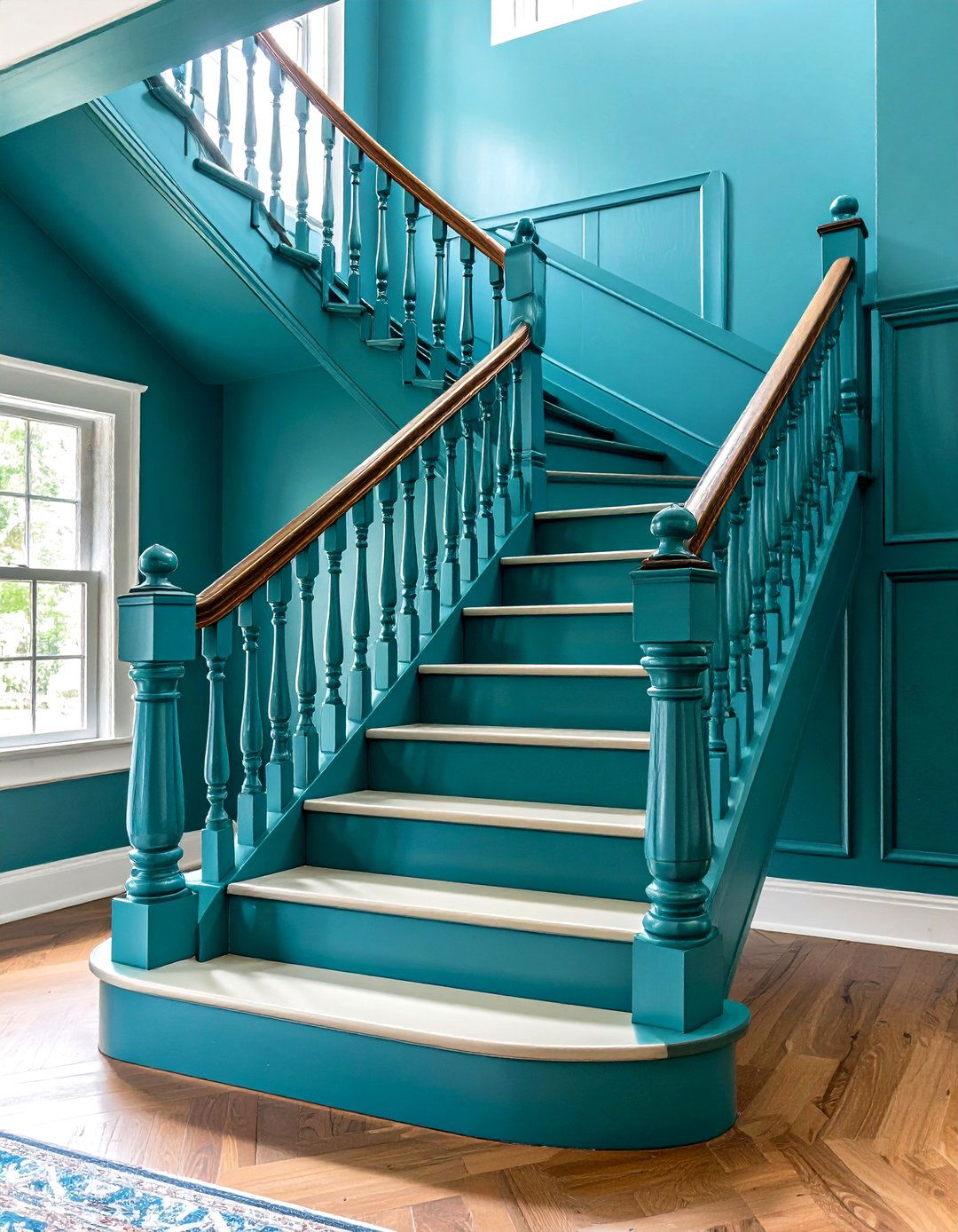 Teal Painted Stair Sophistication - 24 Painted Stair Ideas