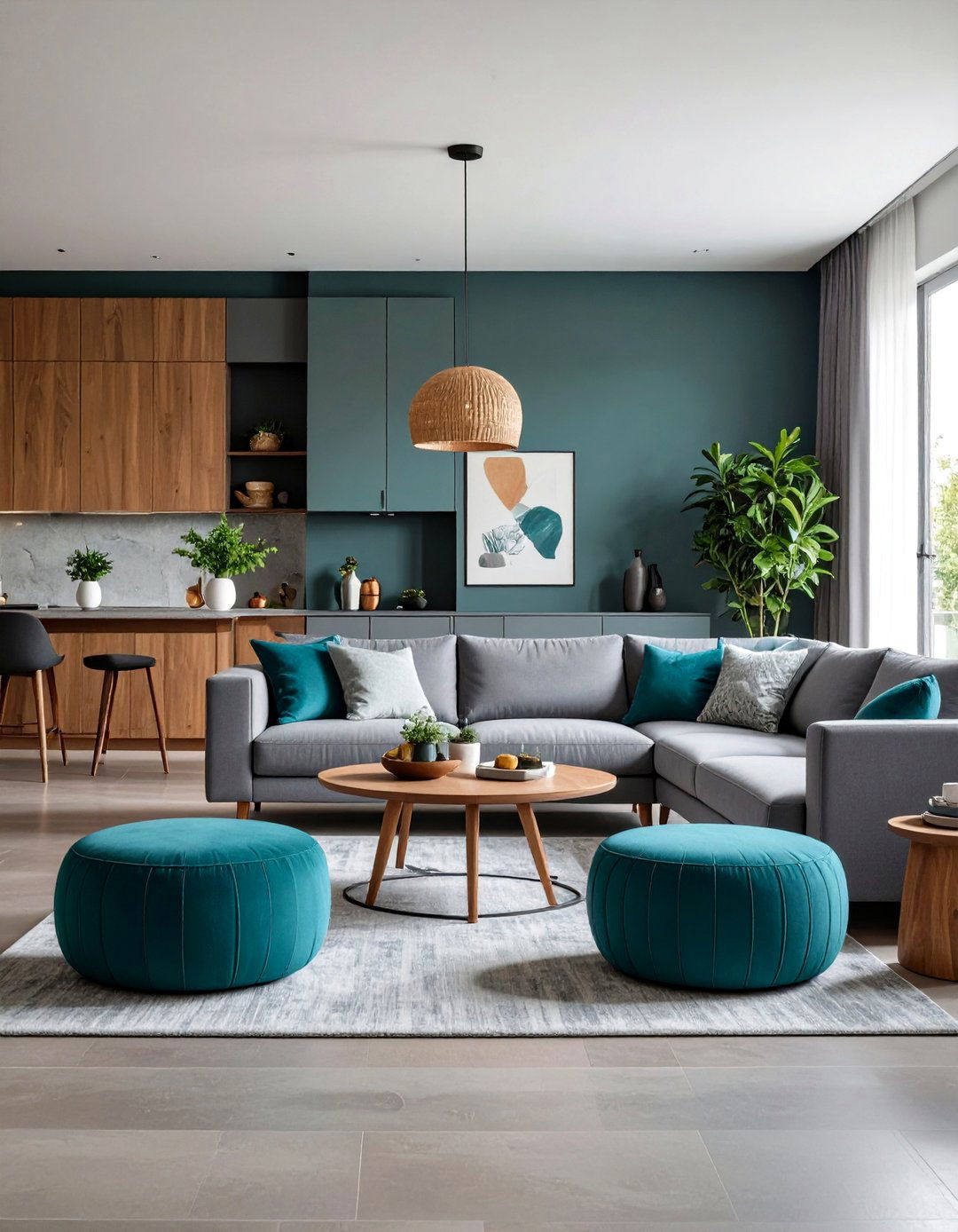 Teal Storage Ottoman Living Room with Built in Grey Cabinetry - 24 Teal and Grey Living Room Ideas