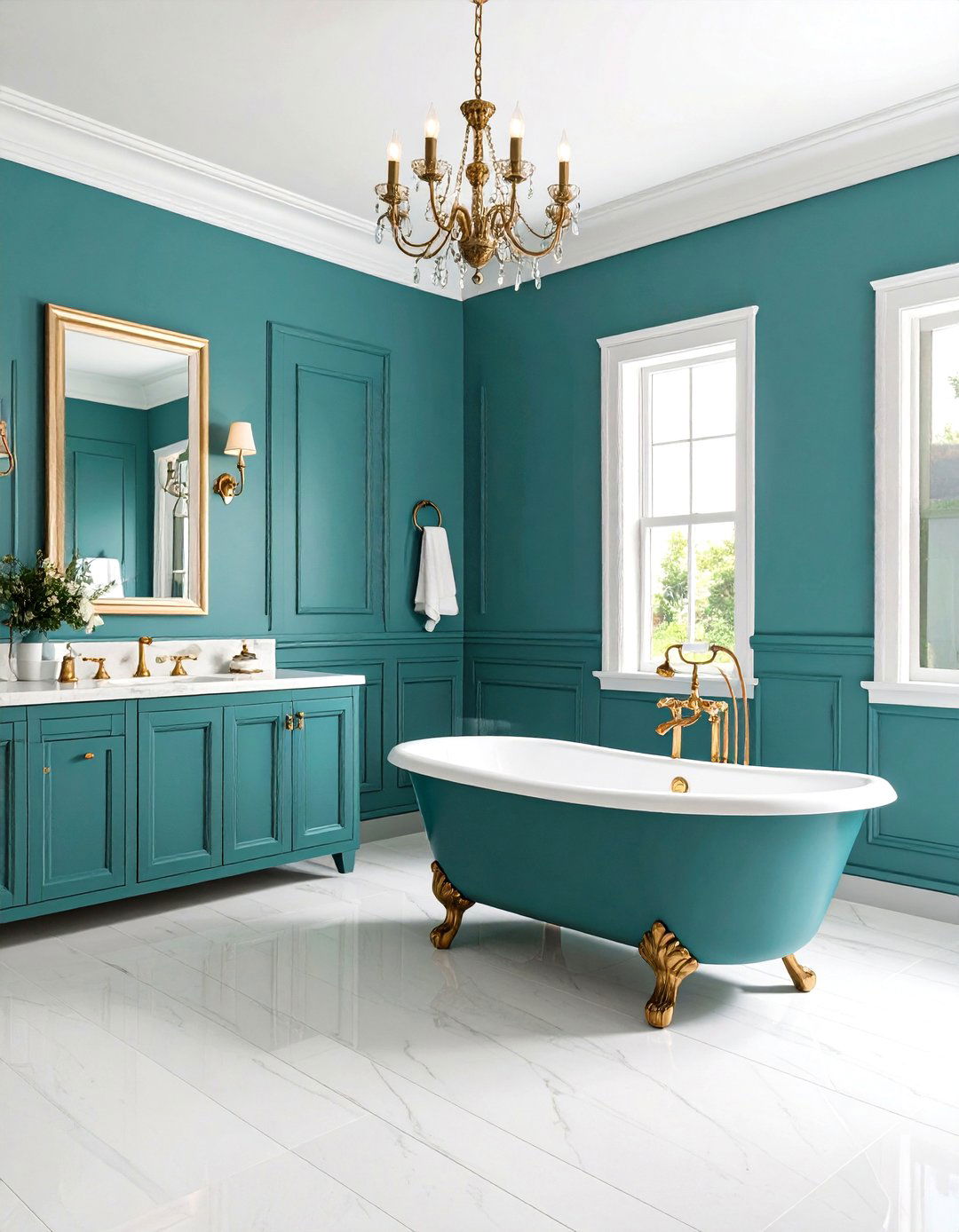 Teal Wainscoting with Light Upper Walls - 24 Teal Bathroom Ideas