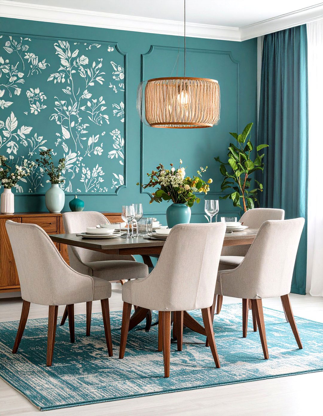 Teal Wallpaper Feature Wall Design - 24 Teal Dining Room Ideas