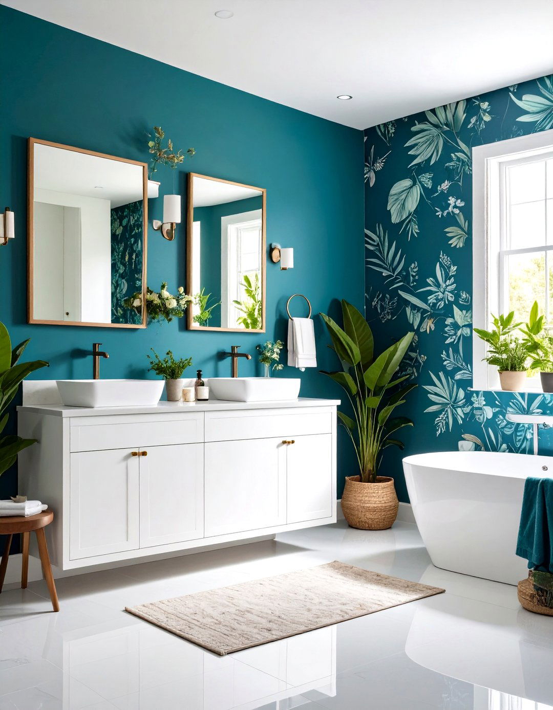 Teal Wallpaper with Botanical Prints - 24 Teal Bathroom Ideas