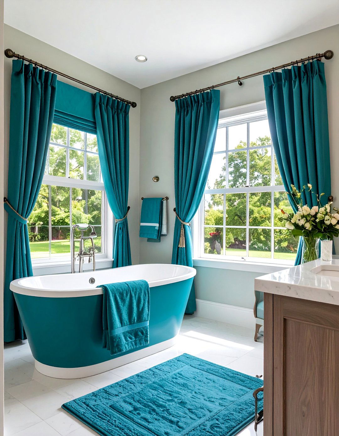 Teal Window Treatment Accent - 24 Teal Bathroom Ideas
