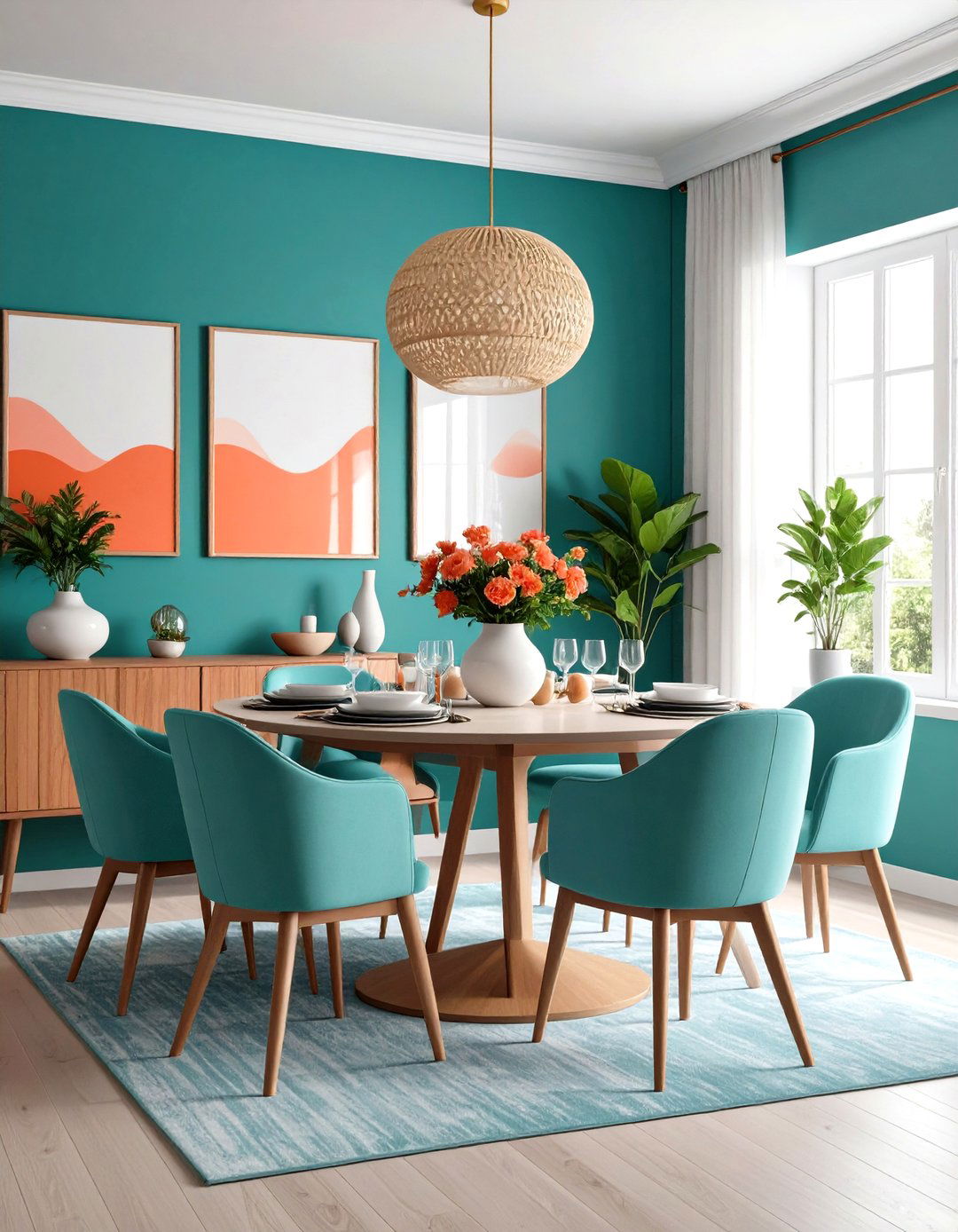 Teal and Coral Vibrant Color Scheme - 24 Teal Dining Room Ideas