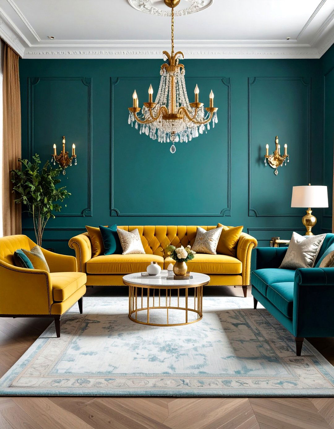 Teal and Gold Glamorous Living Room - 24 Yellow and Blue Living Room Ideas