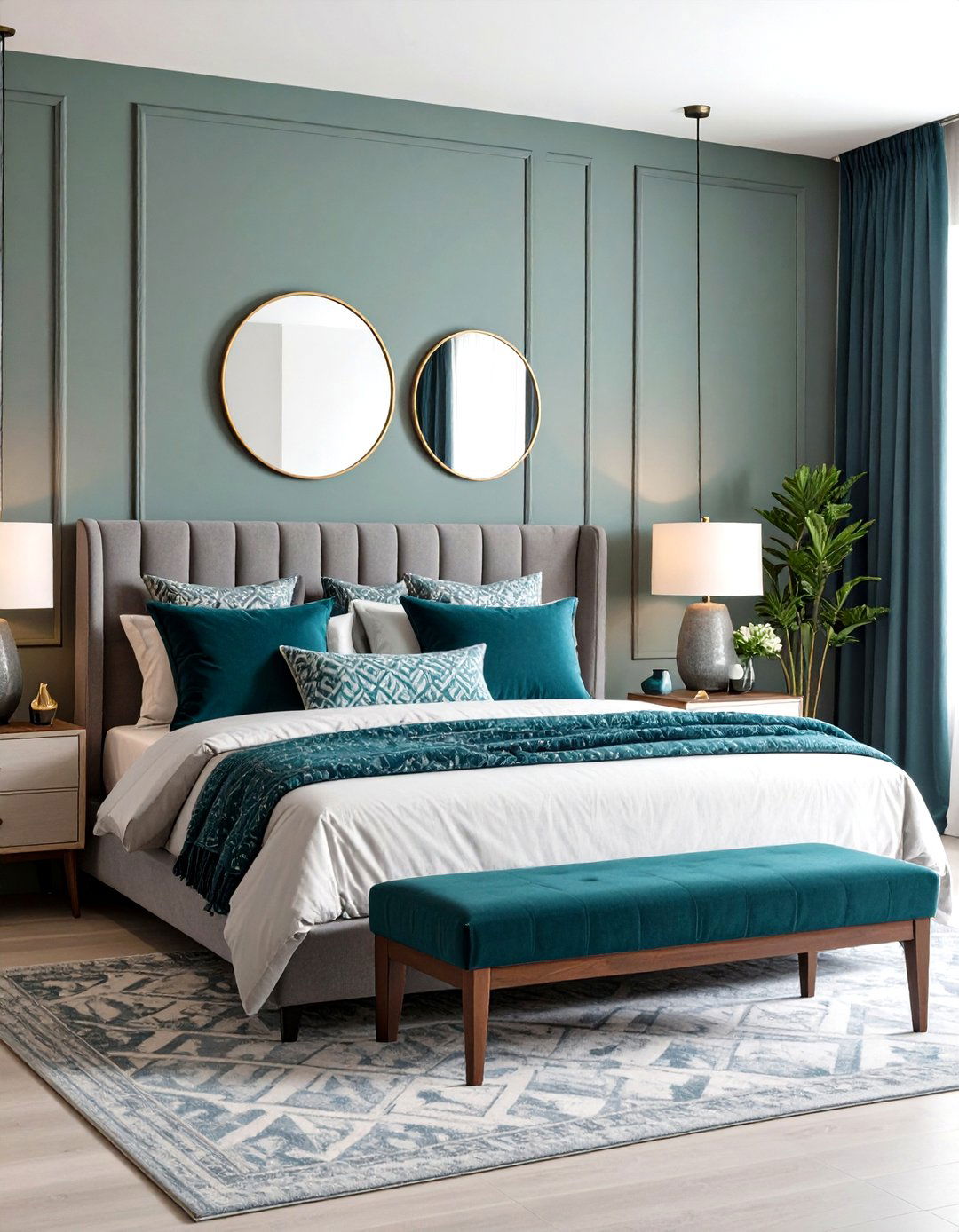 Teal and Grey Geometric Patterns - 24 Teal and Grey Bedroom Ideas