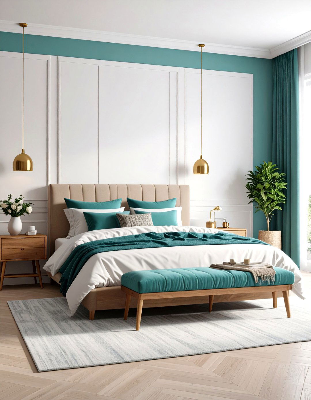 Teal and Warm White Modern Freshness - 24 Bedroom Painting Ideas With Two Colors