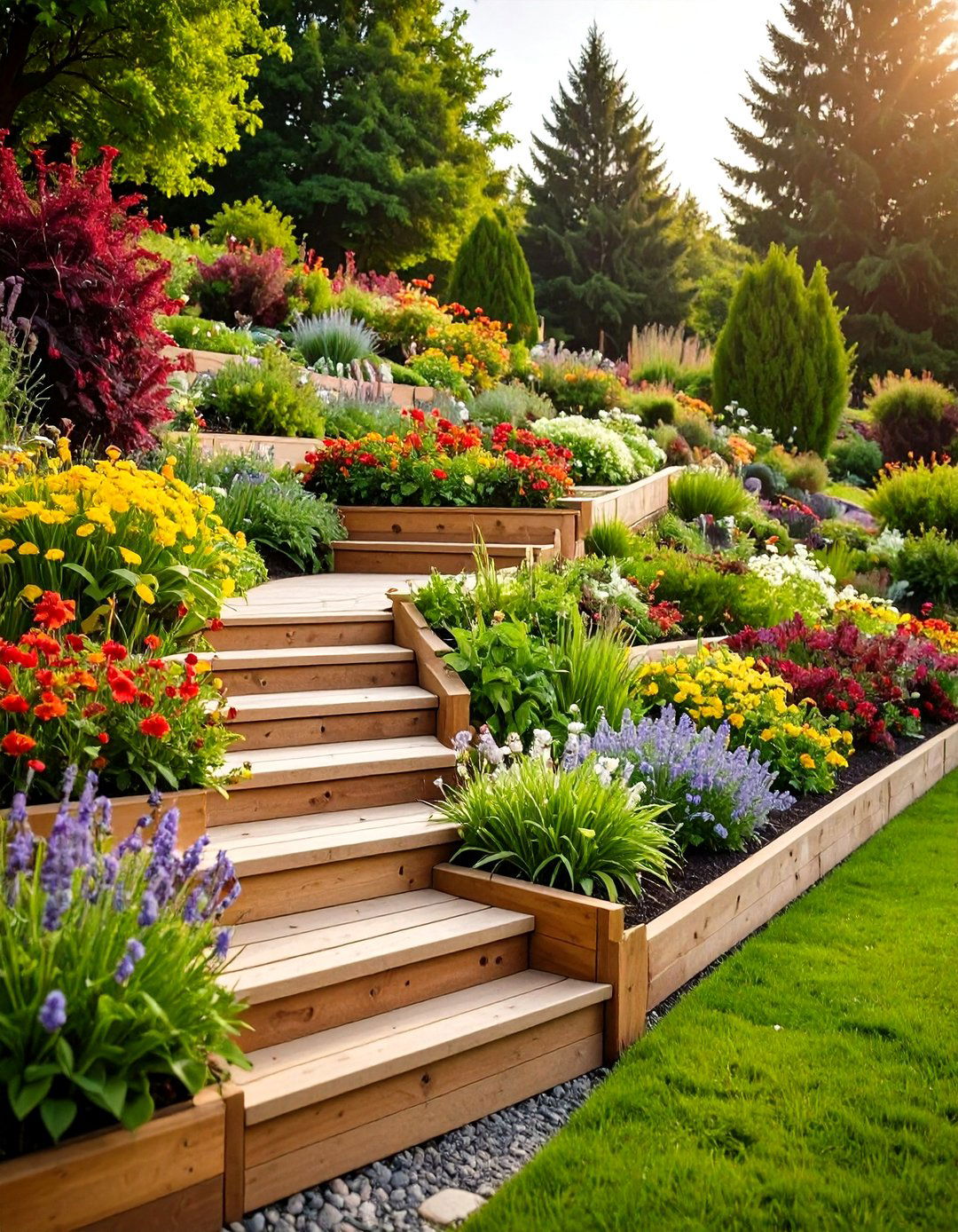 Terraced Hillside Garden with Retaining Walls - 24 Garden Sleeper Ideas