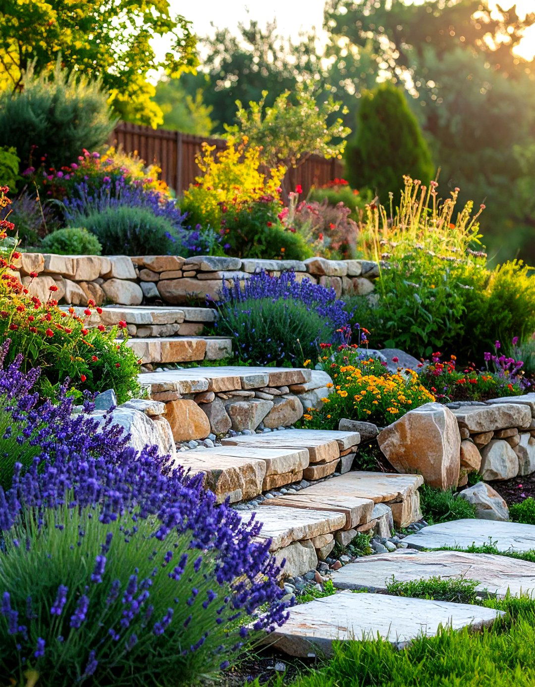 Terraced Stone Garden Retaining Walls - 24 Sloping Garden Design Ideas