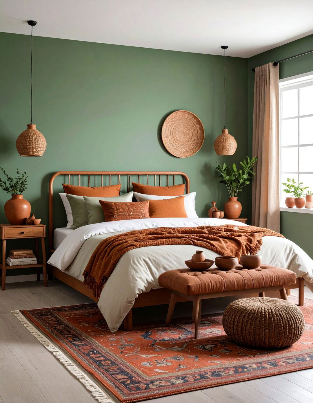 Terracotta Accent Sage Green Bedroom Combination - 24 Boho Sage Green Bedroom Ideas