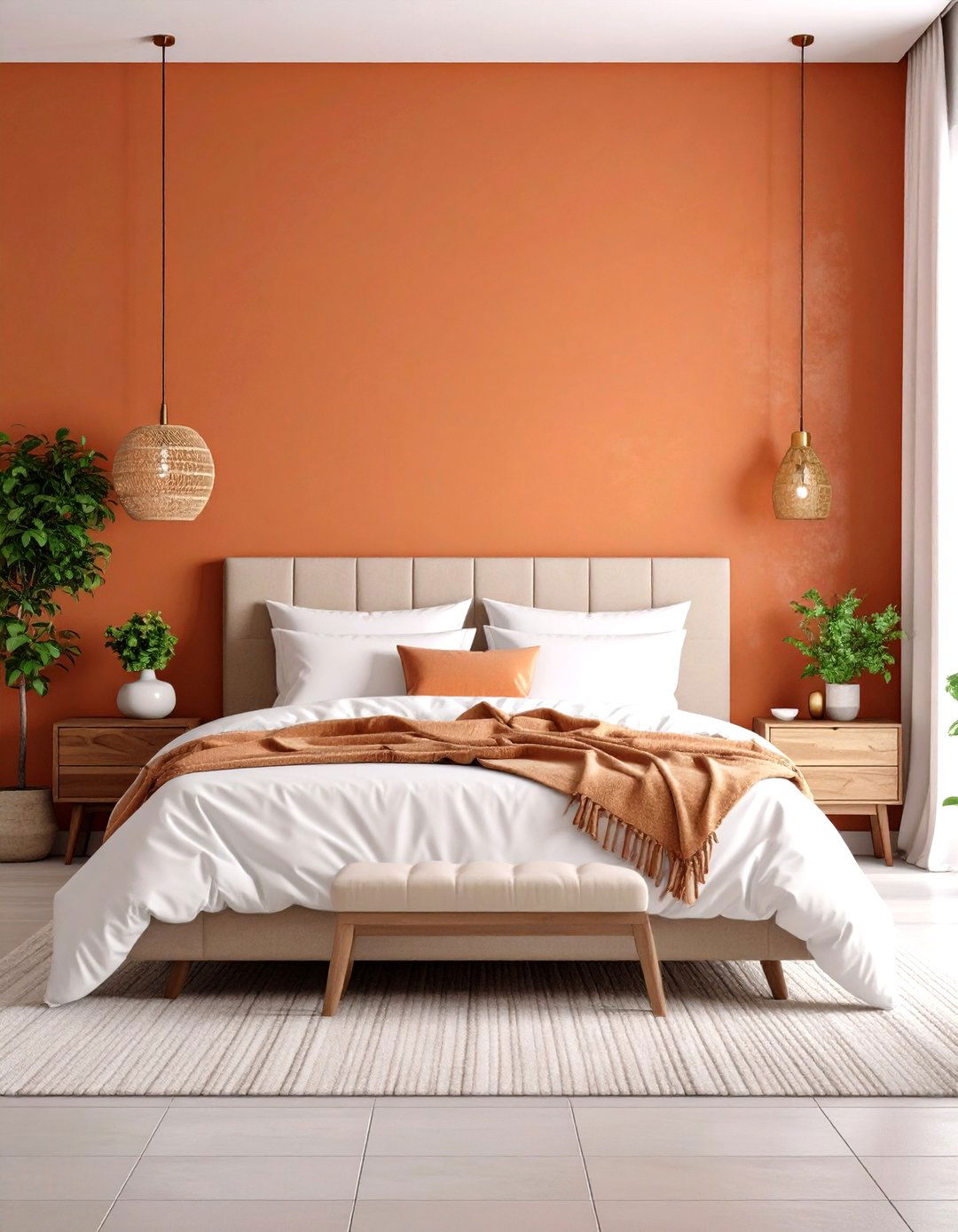 Terracotta Accent Wall with Neutral Bedding - 24 Terracotta Bedroom Ideas