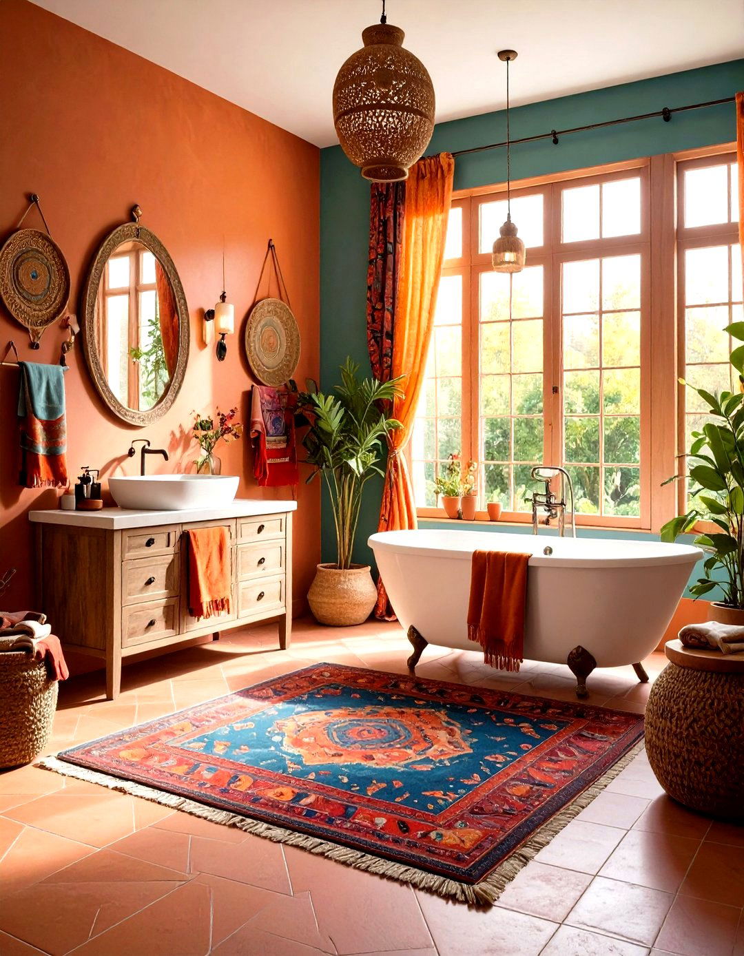 Terracotta Textile Rich Layering - 24 Terracotta Bathroom Ideas
