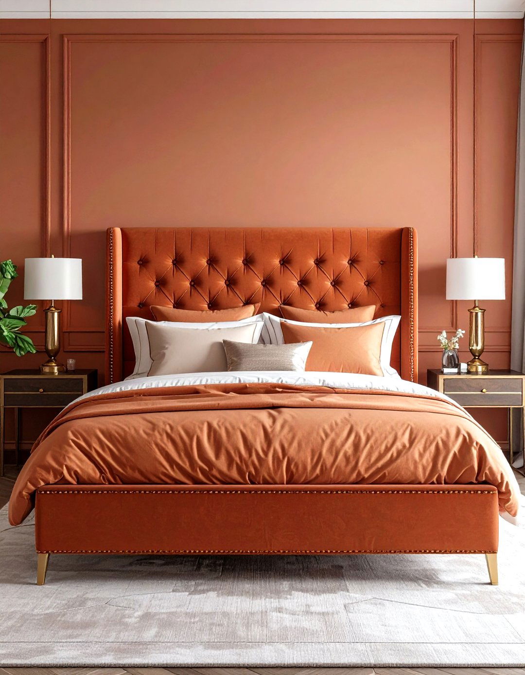 Terracotta Upholstered Headboard with Brass Details - 24 Terracotta Bedroom Ideas