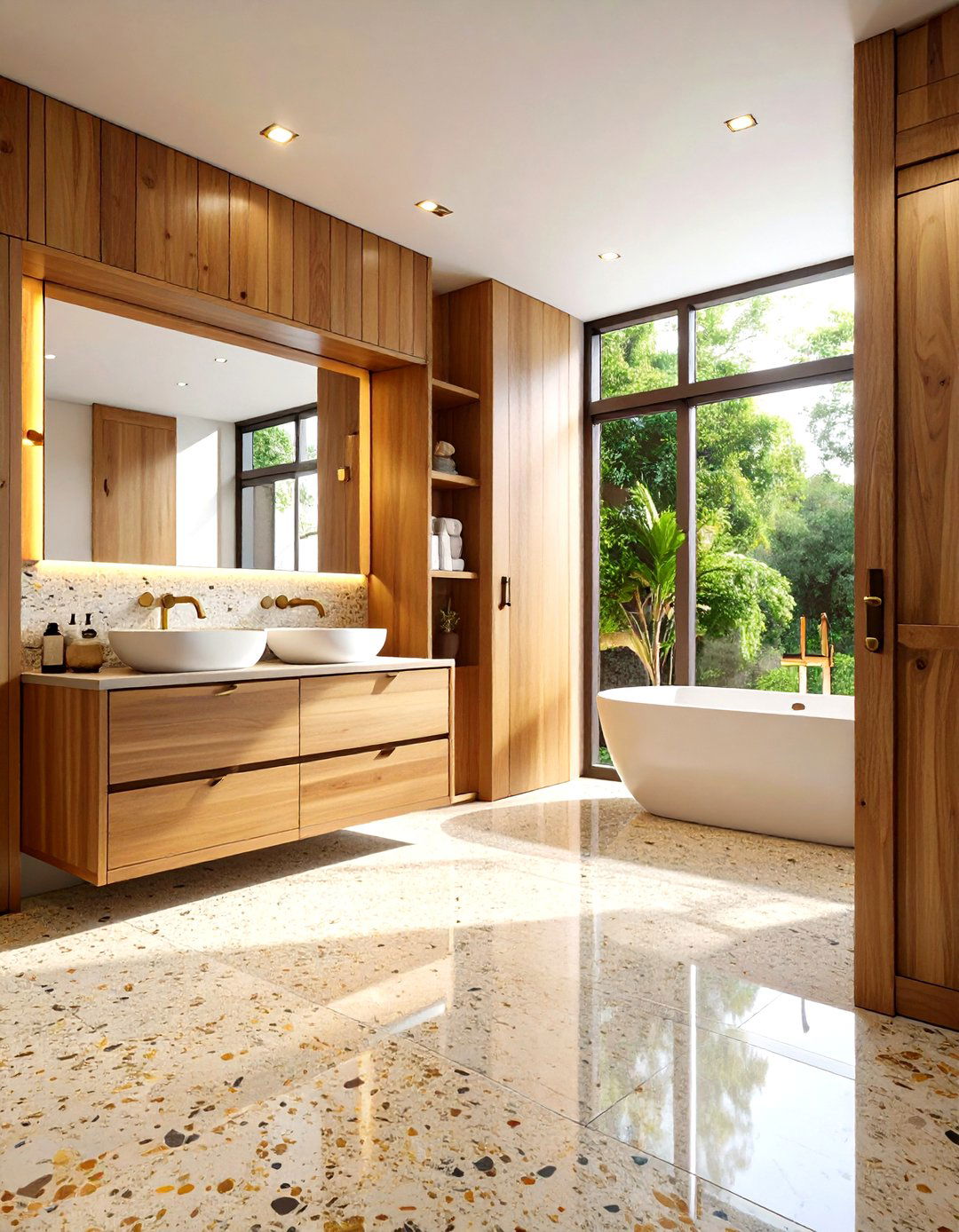 Terrazzo Floor Bathroom with Built in Teak Storage - 24 Mid-century Modern Bathroom Ideas
