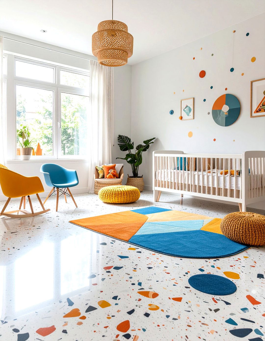 Terrazzo Flooring with Area Rugs - 24 Mid-century Modern Nursery Ideas