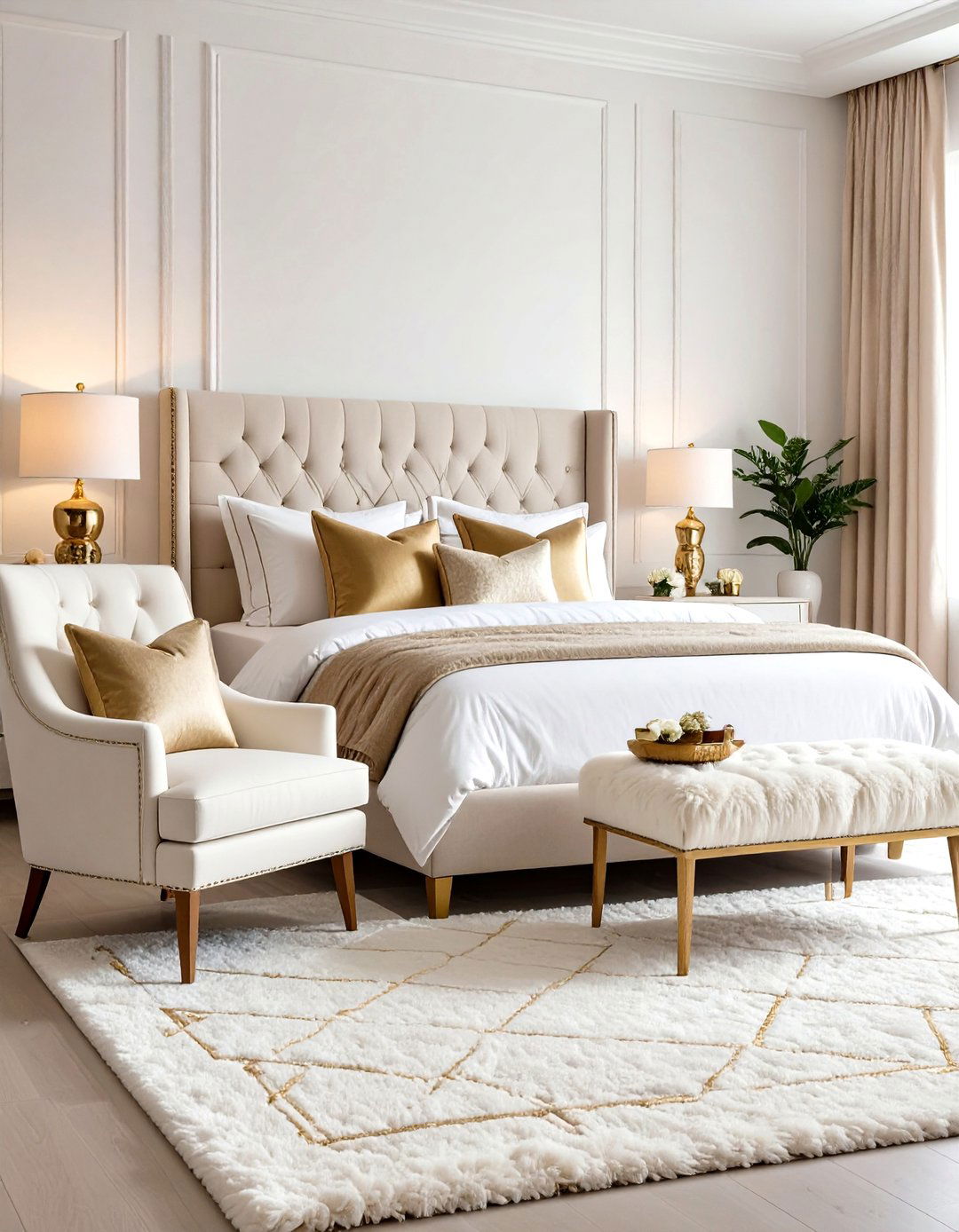 Textural White Bedroom with Gold Fabric Accents - 24 White and Gold Bedroom Ideas