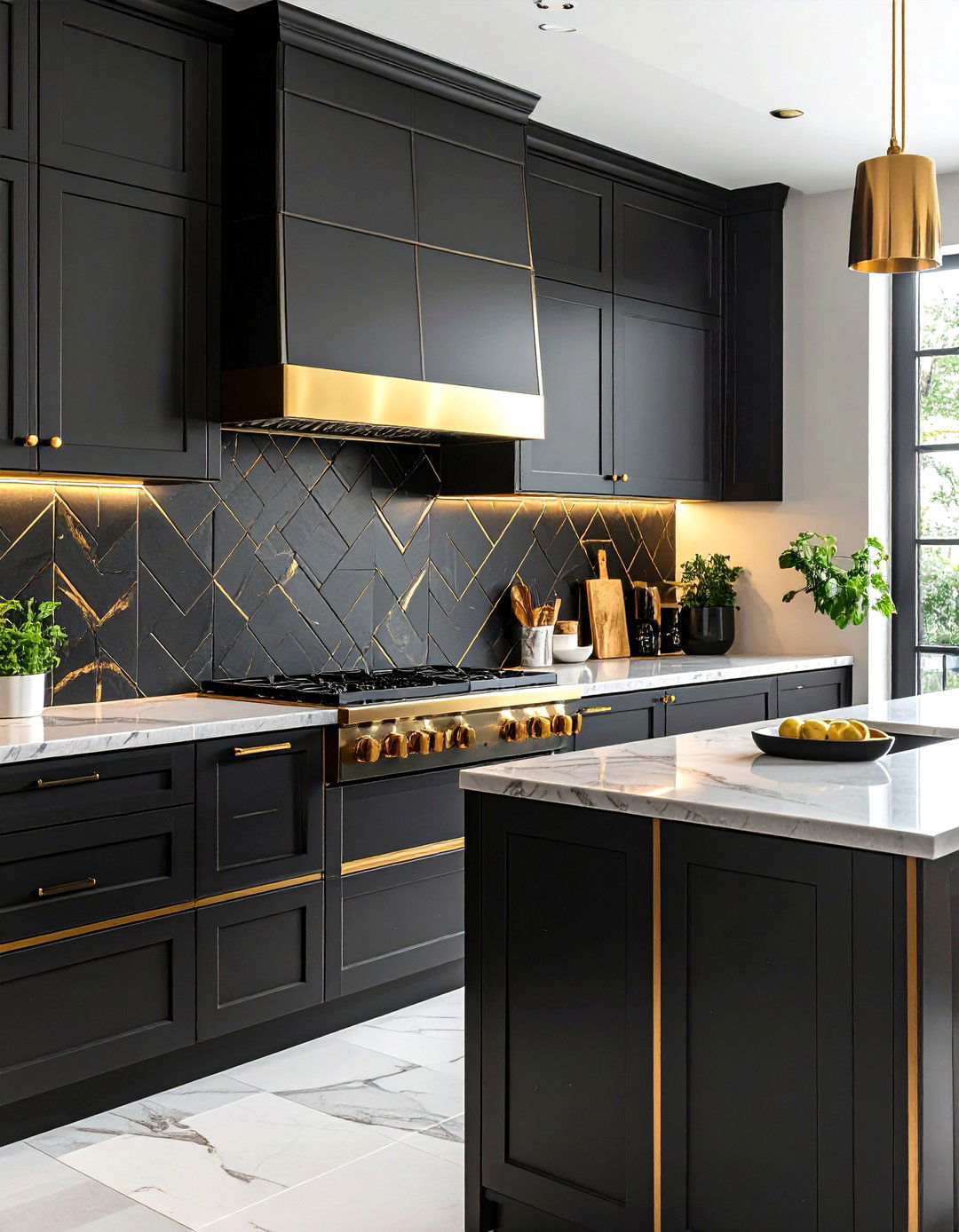 Textured Black Backsplash with Gold Metallic Accents - 24 Black and Gold Kitchen Ideas